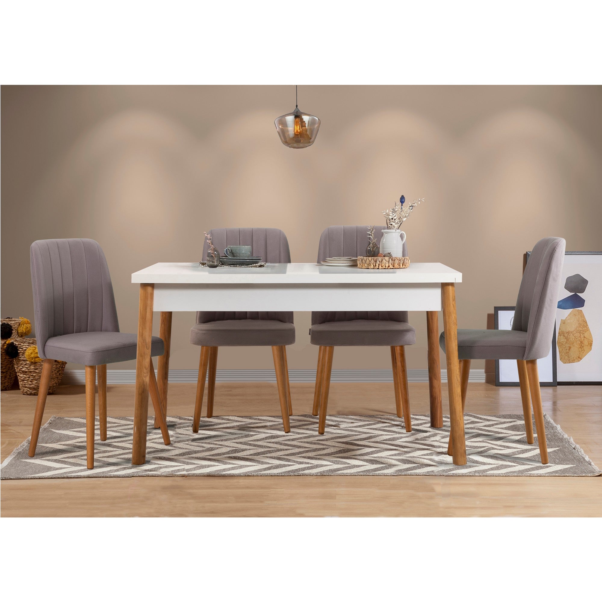 Conjunto de mesa e cadeiras escandinavo (5 peças), pinho atlântico e branco/cinza, mesa de jantar de 120 cm | Cadeiras de espuma de veludo 100% revestidas em melamina | Design elegante e durável