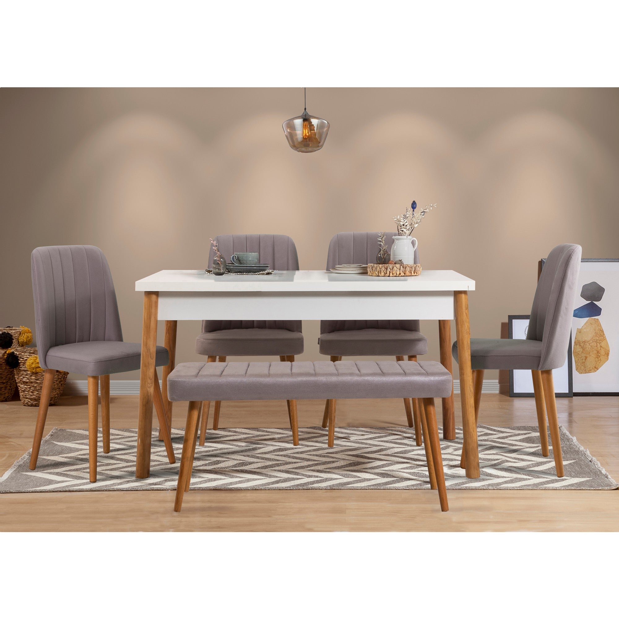 Conjunto de mesa e cadeiras de jantar escandinavo (6 peças) | 100% revestido em melamina, espuma de veludo, estrutura de metal | Pinho Atlântico e branco/cinza | Design elegante