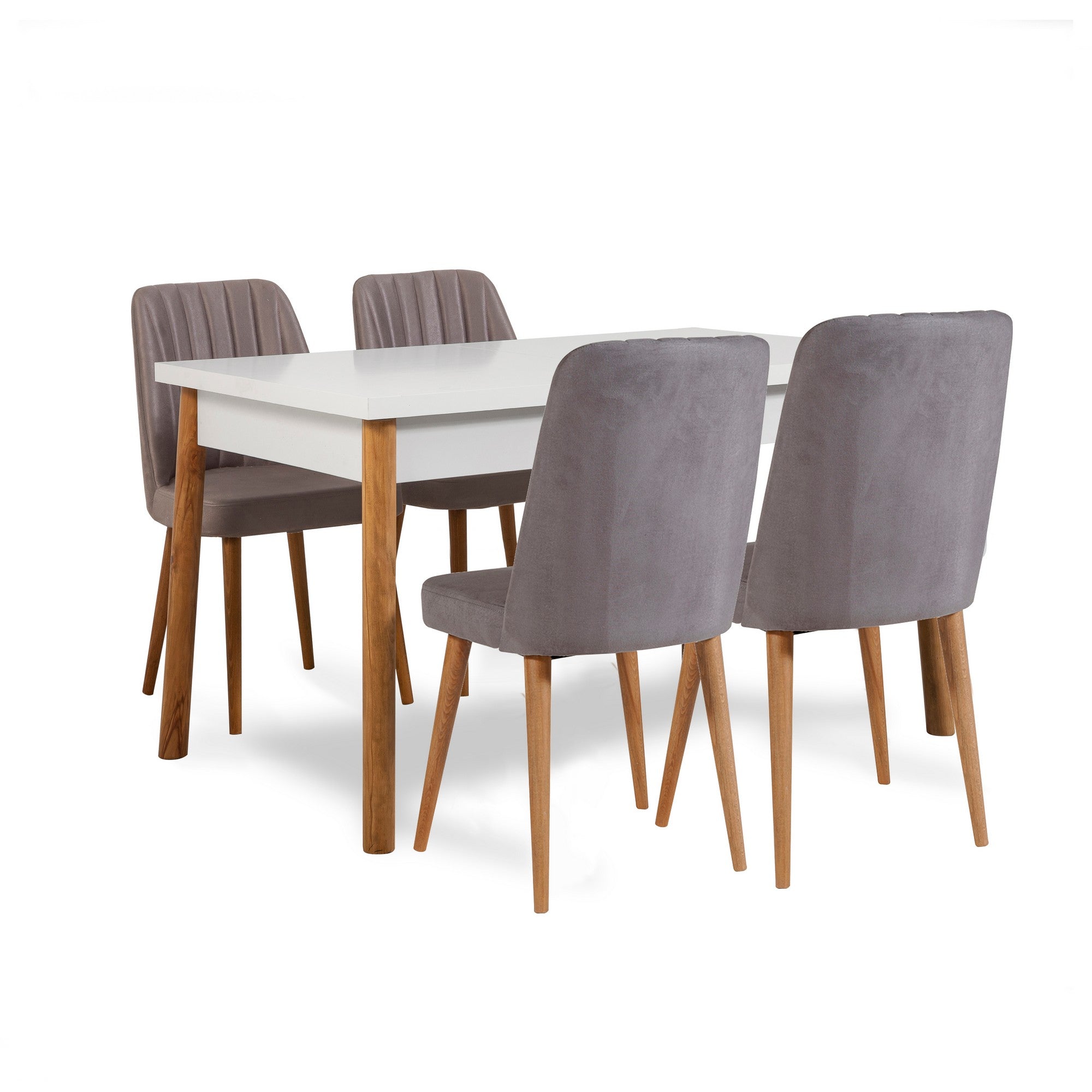 Conjunto de mesa e cadeiras de jantar escandinavo (6 peças) | 100% revestido em melamina, espuma de veludo, estrutura de metal | Pinho Atlântico e branco/cinza | Design elegante