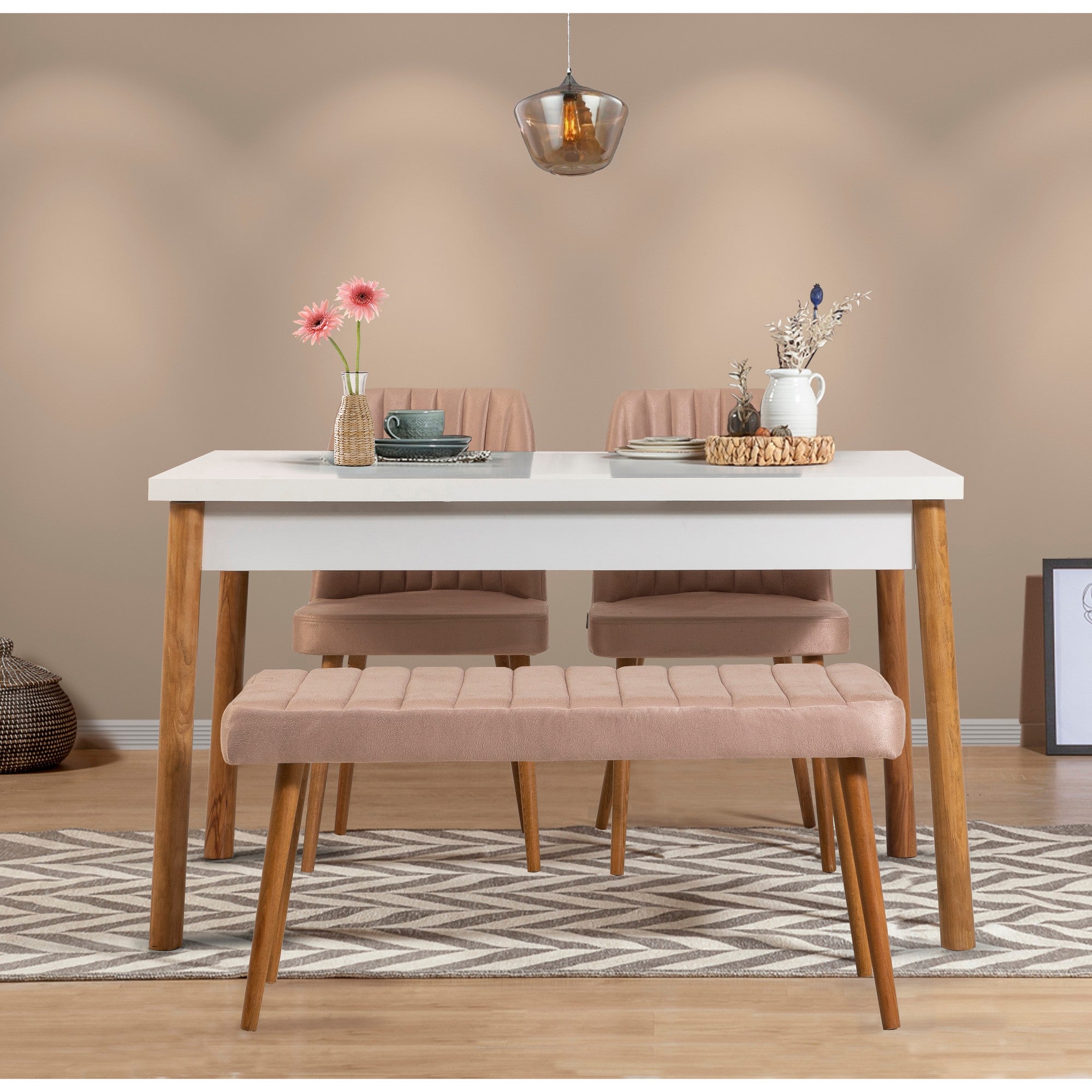 Conjunto de mesa e cadeiras escandinavo (4 peças) - Pinho Atlântico e Branco | 100% revestido em melamina, 18 mm de espessura | Jantar elegante com estrutura de metal e espuma de linho