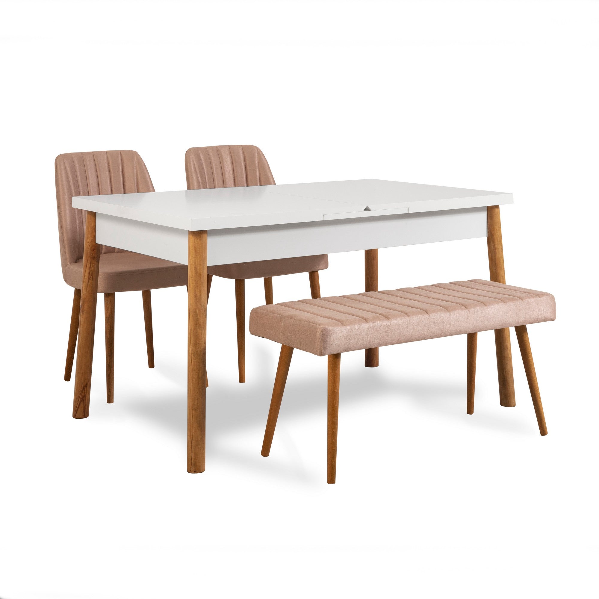 Conjunto de mesa e cadeiras escandinavo (4 peças) - Pinho Atlântico e Branco | 100% revestido em melamina, 18 mm de espessura | Jantar elegante com estrutura de metal e espuma de linho