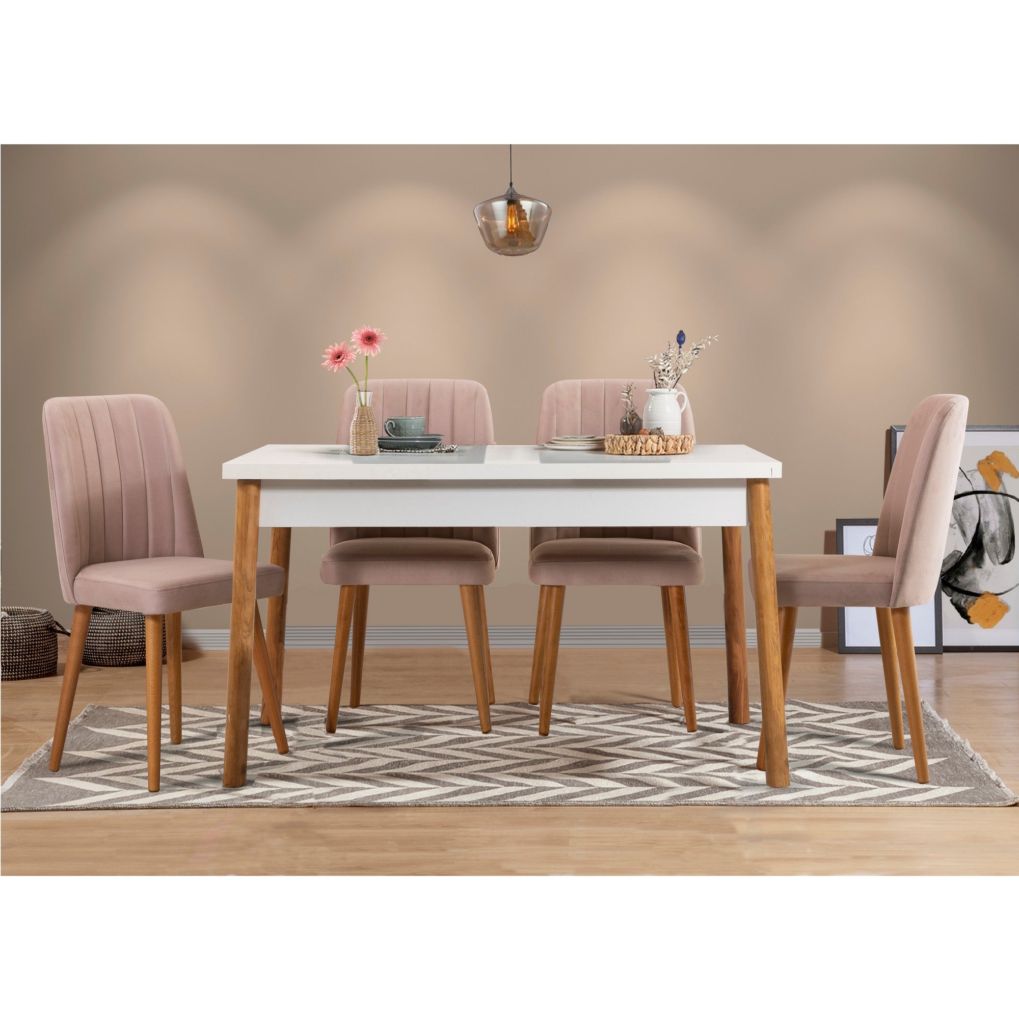 Conjunto de mesa e cadeiras escandinavo (5 peças), pinho atlântico e branco, 120 x 75 x 77 cm | Cadeiras 100% revestidas em melamina, espuma de veludo | Design elegante e durável