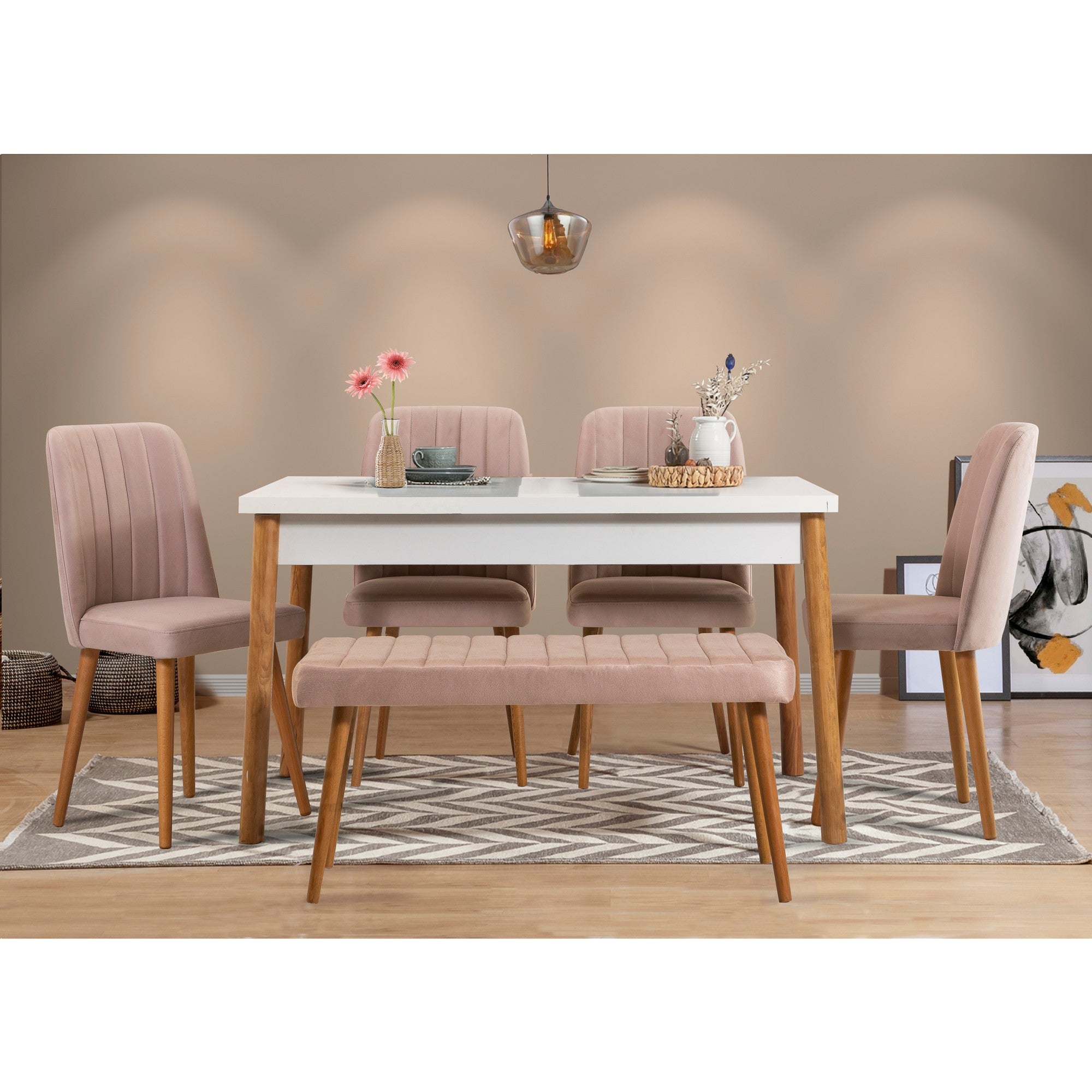 Conjunto de mesa e cadeiras de jantar escandinavo (6 peças) | Revestimento 100% melamina, espuma de veludo, pernas de madeira e metal | Design elegante em pinho do Atlântico e branco