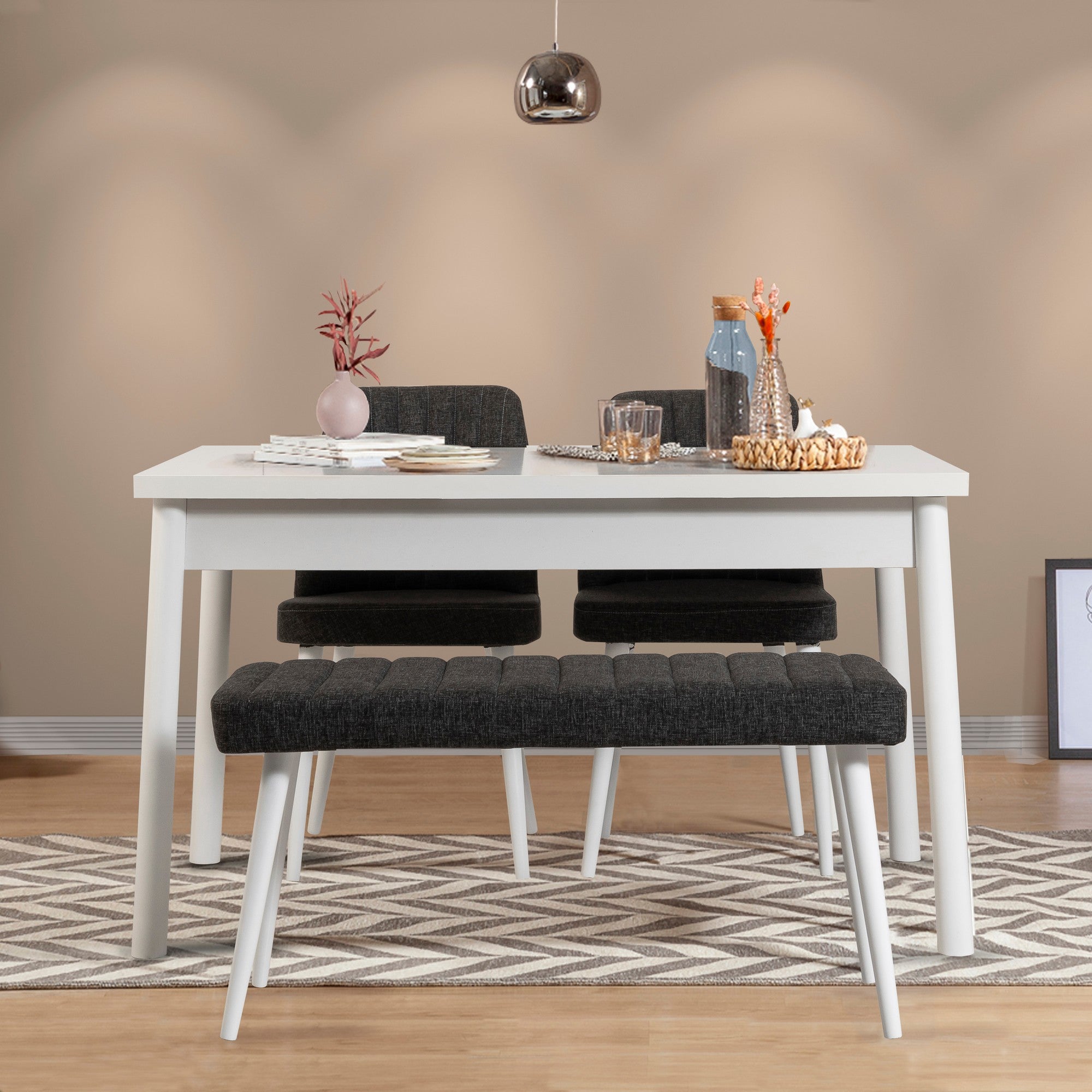 Conjunto de mesa e cadeiras escandinavo (4 peças), branco e antracite, 120 cm | 100% revestido em melamina, pernas de madeira, estrutura de metal, design elegante para salas de jantar