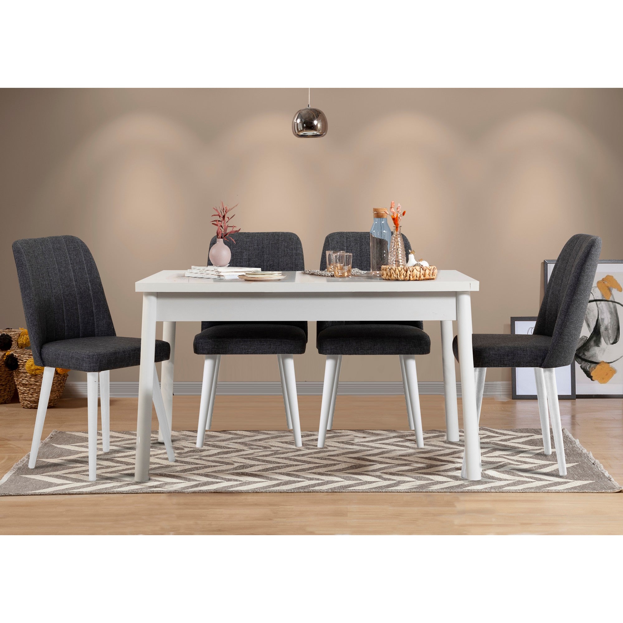 Conjunto de mesa e cadeiras escandinavo (5 peças), branco e antracite, 120 x 75 x 77 cm | 100% revestido em melamina, pernas de madeira, cadeiras de espuma de linho | Solução de jantar elegante