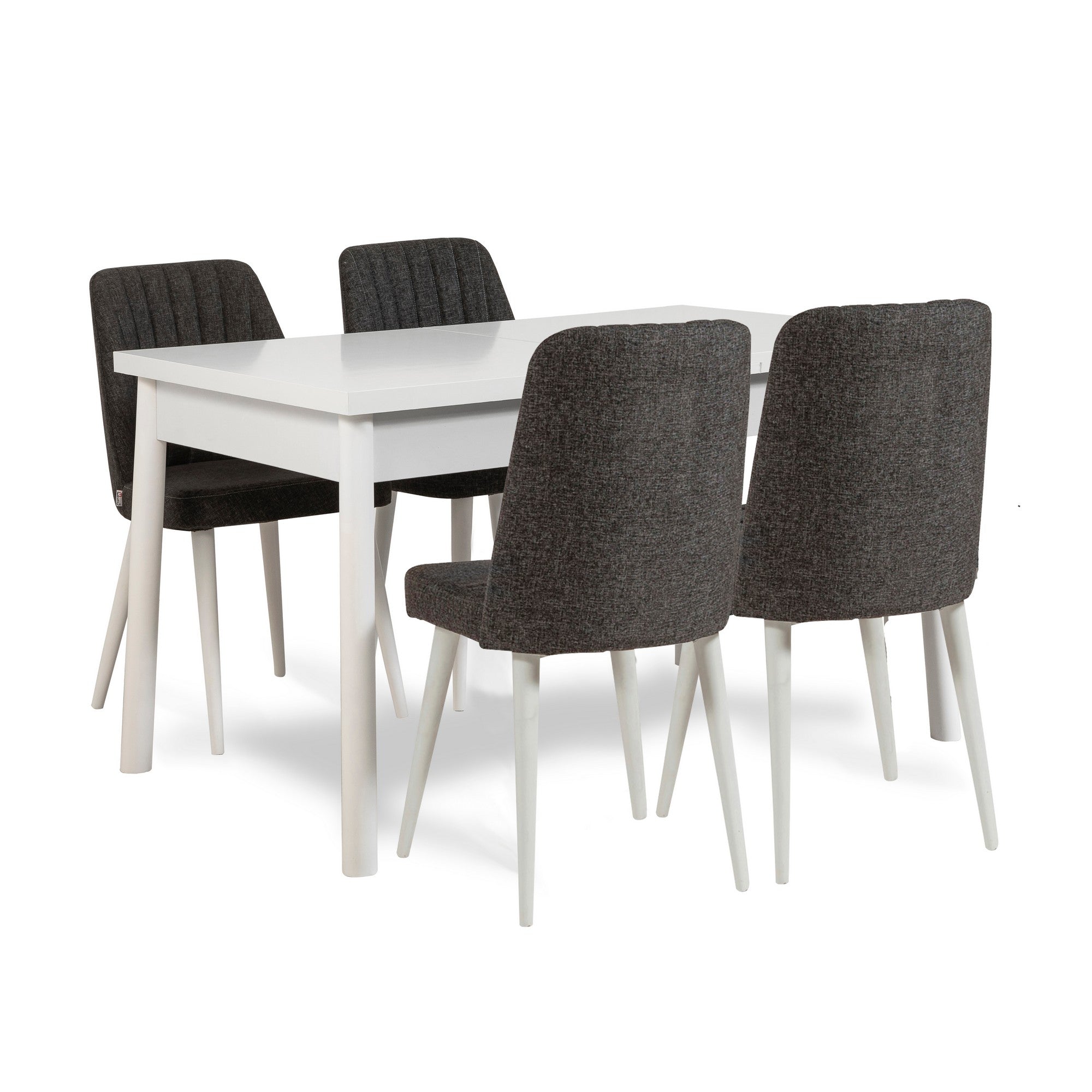 Conjunto de mesa e cadeiras escandinavo (5 peças), branco e antracite, 120 x 75 x 77 cm | 100% revestido em melamina, pernas de madeira, cadeiras de espuma de linho | Solução de jantar elegante