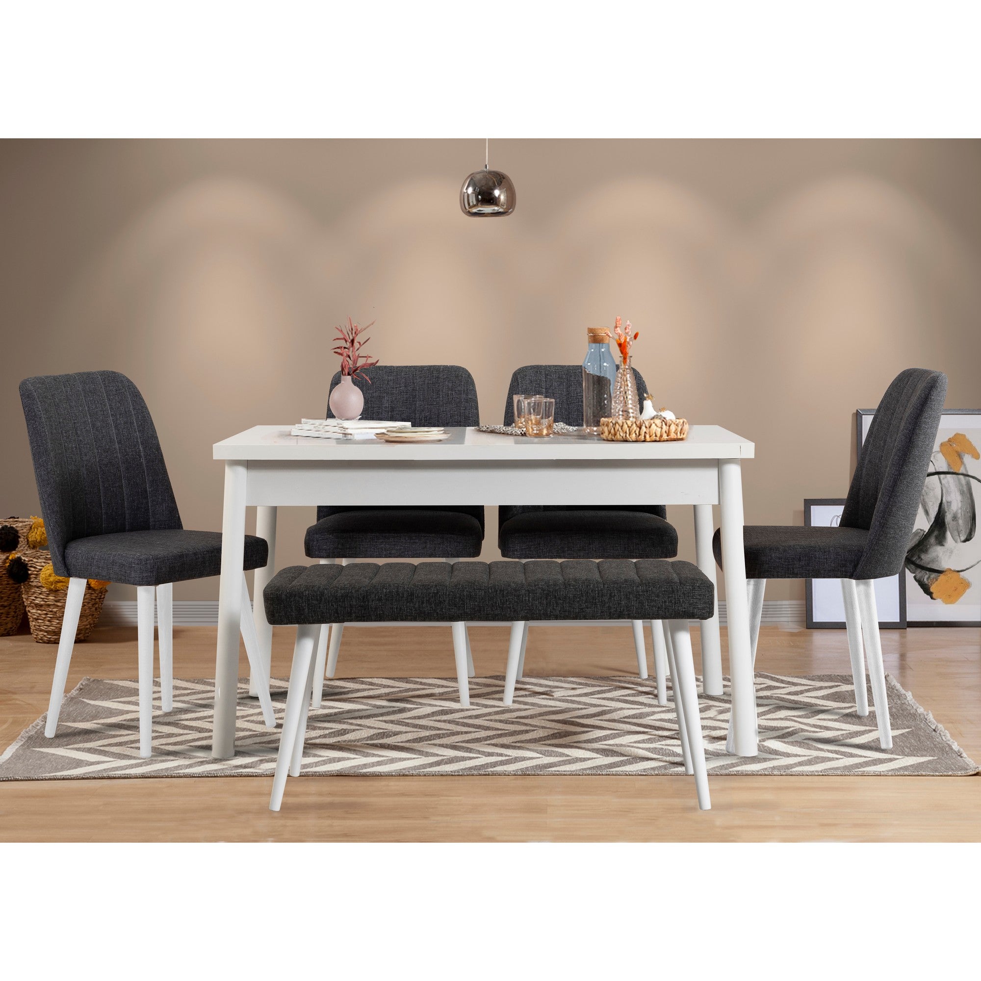 Conjunto de mesa e cadeiras escandinavo (6 peças) - Branco e antracite, 100% revestido em melamina, 18 mm de espessura, pernas de madeira, elegante e funcional para salas de jantar.