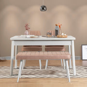 Conjunto de mesa e cadeiras escandinavo (4 peças) - Branco e pedra, 100% revestido de melamina, espuma de veludo, estrutura de metal, solução de jantar elegante para casas modernas.