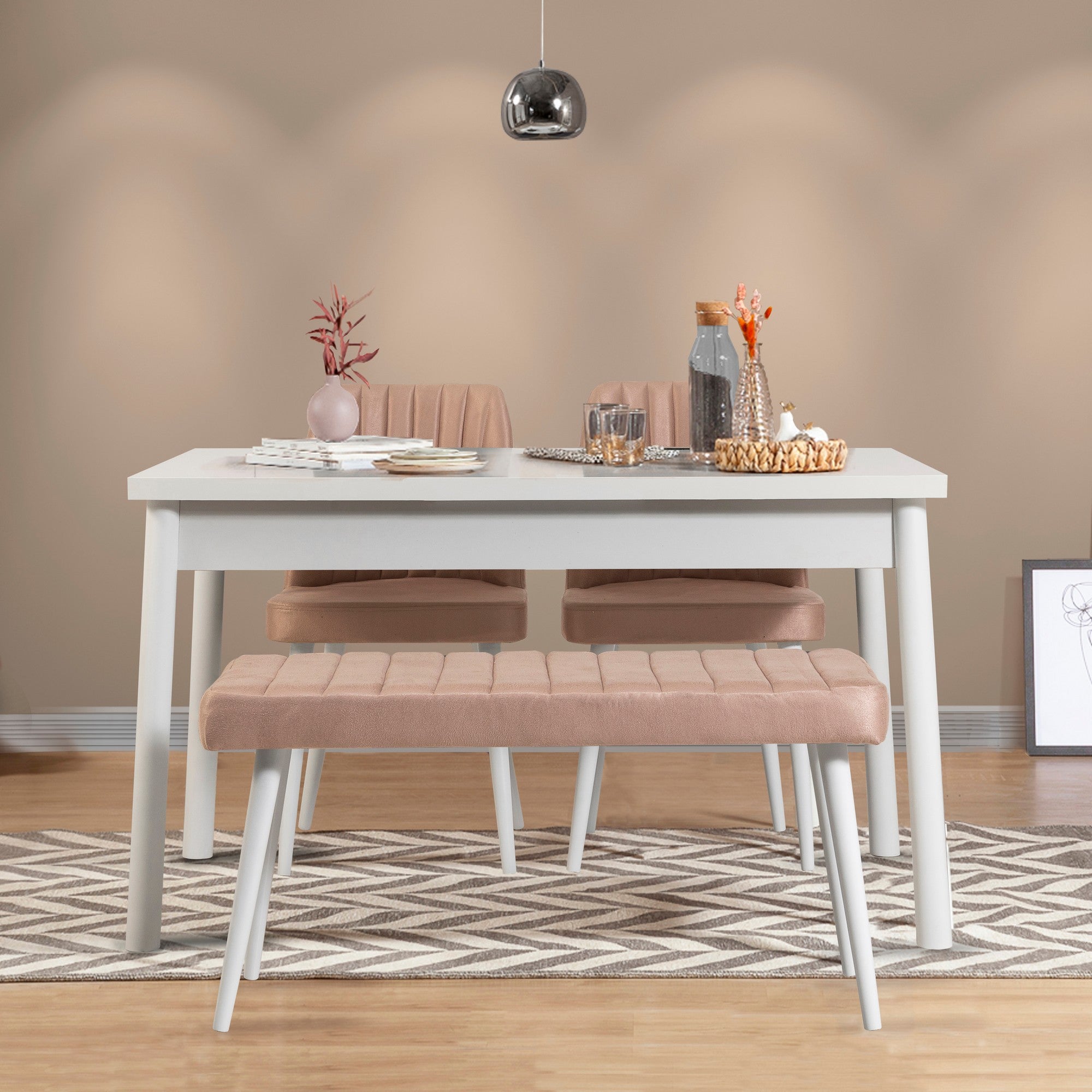 Conjunto de mesa e cadeiras escandinavo (4 peças) - Branco e pedra, 100% revestido de melamina, espuma de veludo, estrutura de metal, solução de jantar elegante para casas modernas.