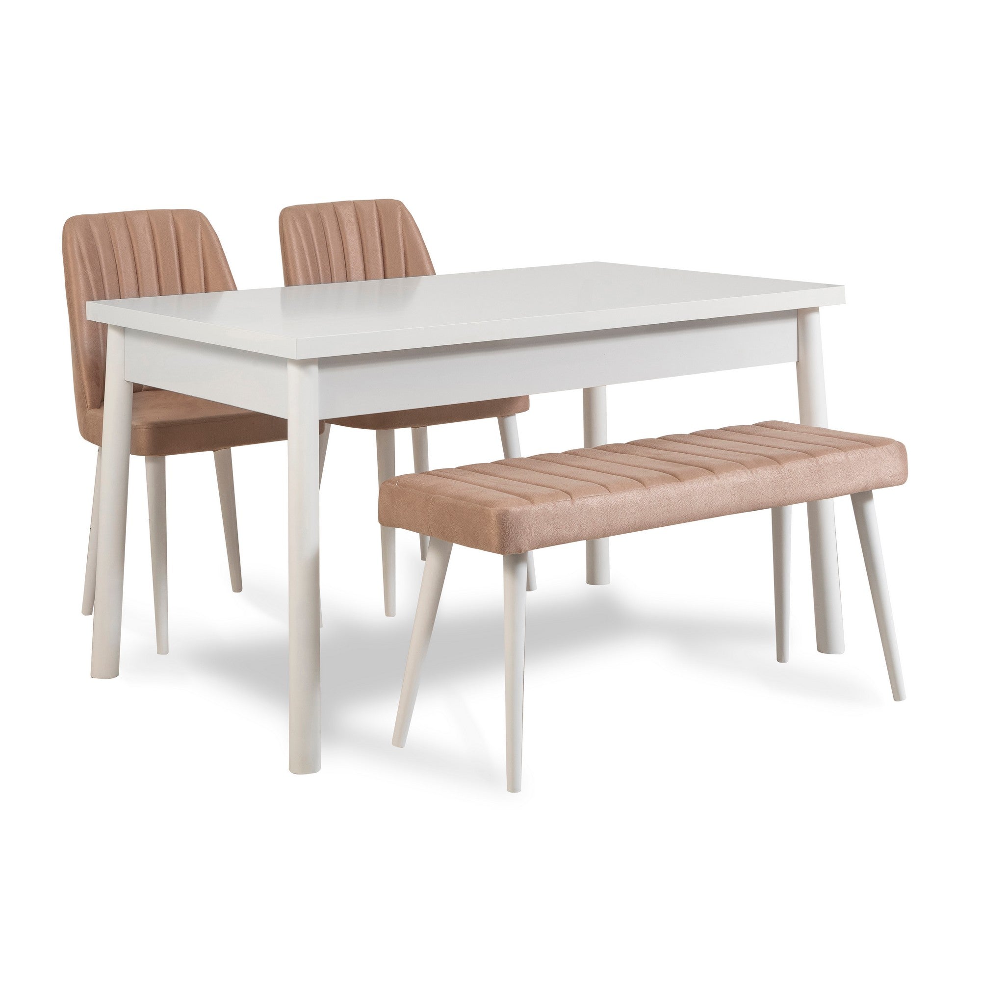 Conjunto de mesa e cadeiras escandinavo (4 peças) - Branco e pedra, 100% revestido de melamina, espuma de veludo, estrutura de metal, solução de jantar elegante para casas modernas.