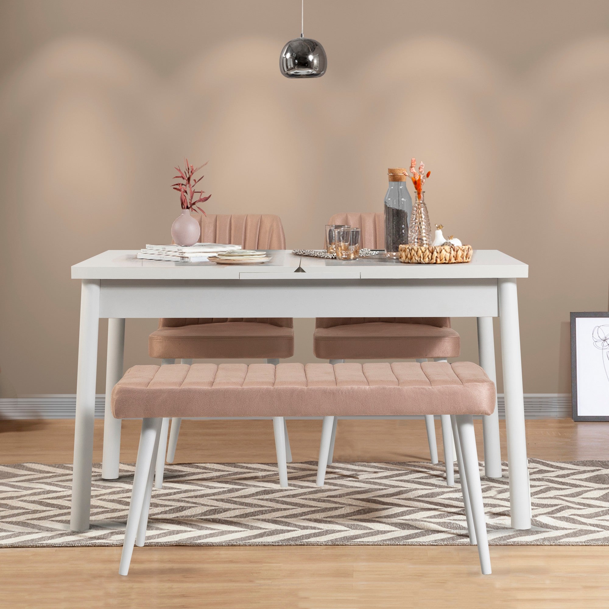 Conjunto de mesa de jantar extensível e cadeiras escandinavas (4 peças) | Revestimento 100% melamina, espuma de veludo, estrutura de metal | Branco e pedra | Perfeito para salas de jantar modernas