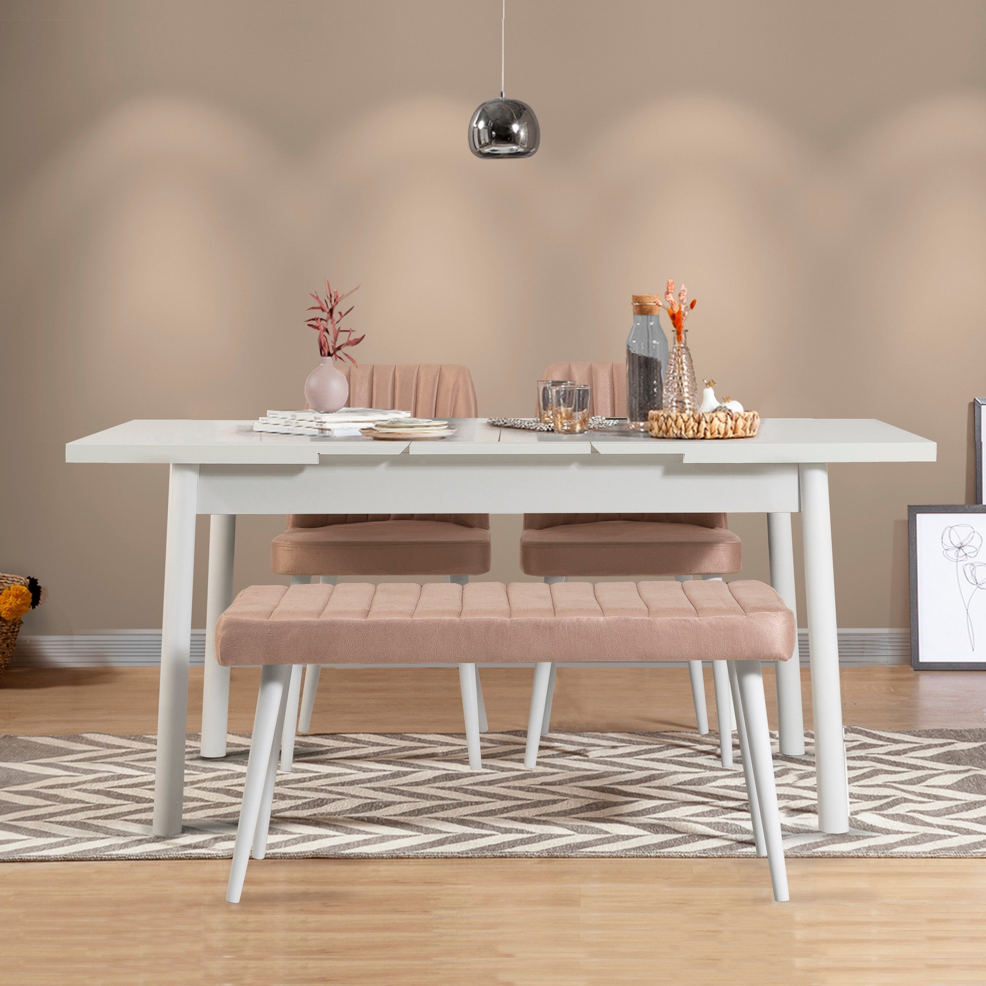 Conjunto de mesa de jantar extensível e cadeiras escandinavas (4 peças) | Revestimento 100% melamina, espuma de veludo, estrutura de metal | Branco e pedra | Perfeito para salas de jantar modernas