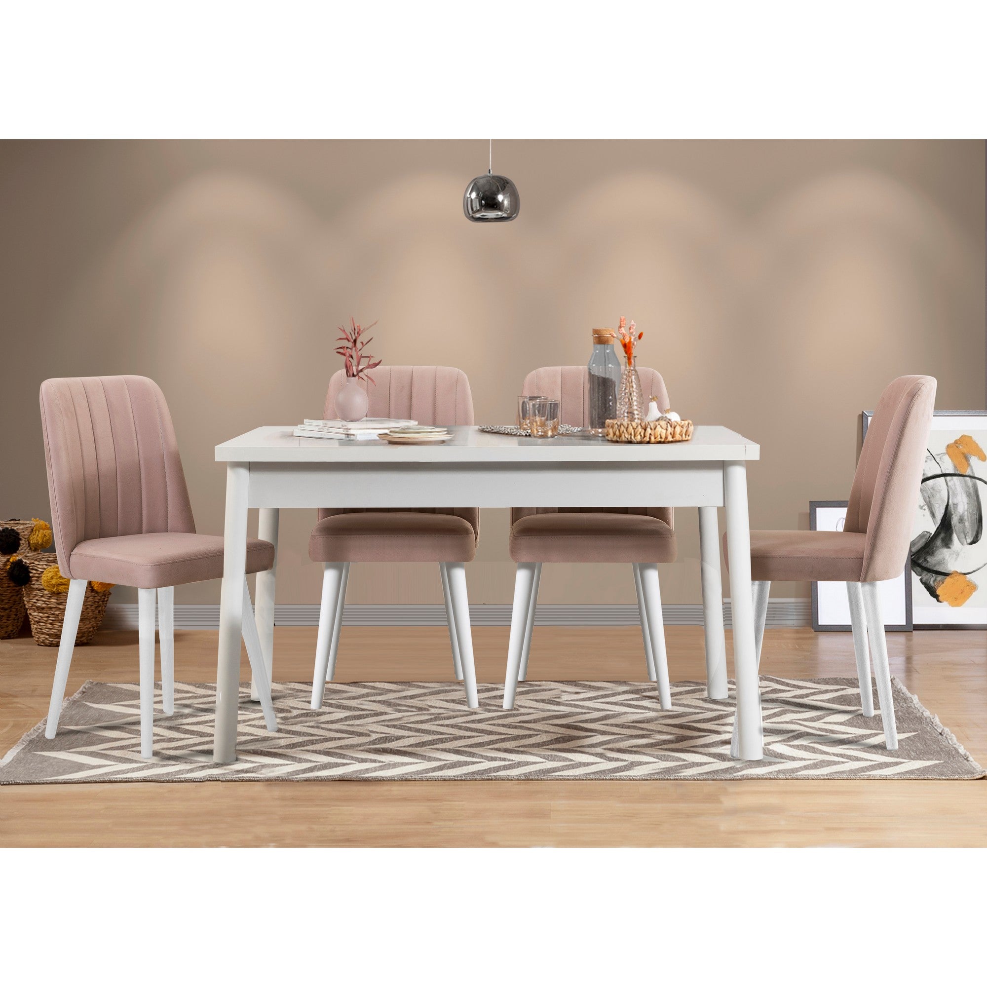 Conjunto de mesa e cadeiras escandinavo (5 peças), branco e pedra, 120 x 75 x 77 cm | Cadeiras de espuma de veludo 100% revestidas em melamina | Design elegante e durável para salas de jantar
