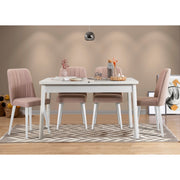 Conjunto de mesa de jantar extensível e cadeiras escandinavas (5 peças) | Cadeiras de espuma de veludo 100% revestidas em melamina, brancas e pedra | Elegante e funcional para casas modernas