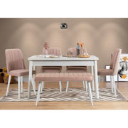 Conjunto de mesa e cadeiras de jantar escandinavo (6 peças) | Revestimento 100% melamina, espuma de veludo, estrutura de metal | Design elegante em branco e pedra, perfeito para casas modernas