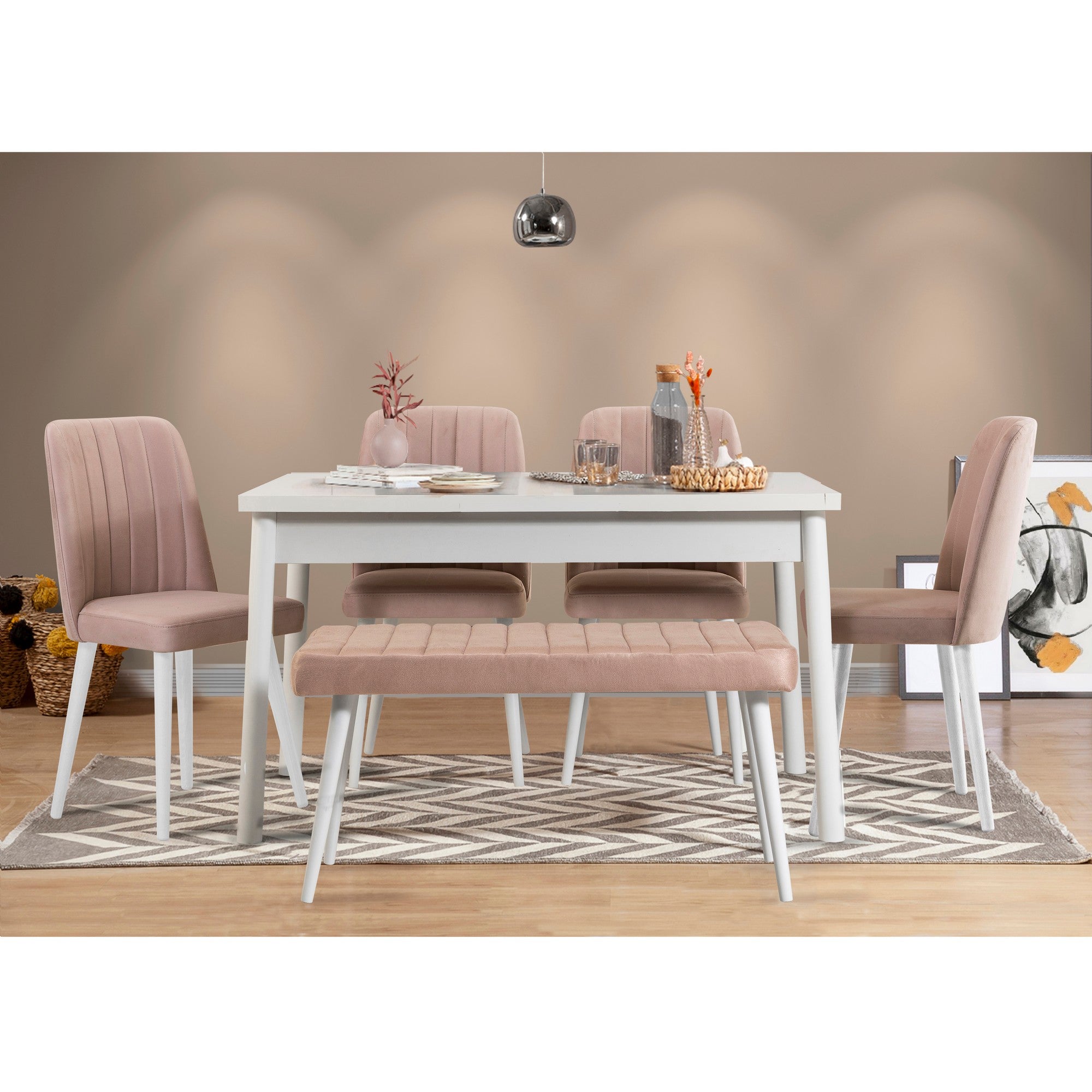 Conjunto de mesa e cadeiras de jantar escandinavo (6 peças) | Revestimento 100% melamina, espuma de veludo, estrutura de metal | Design elegante em branco e pedra, perfeito para casas modernas