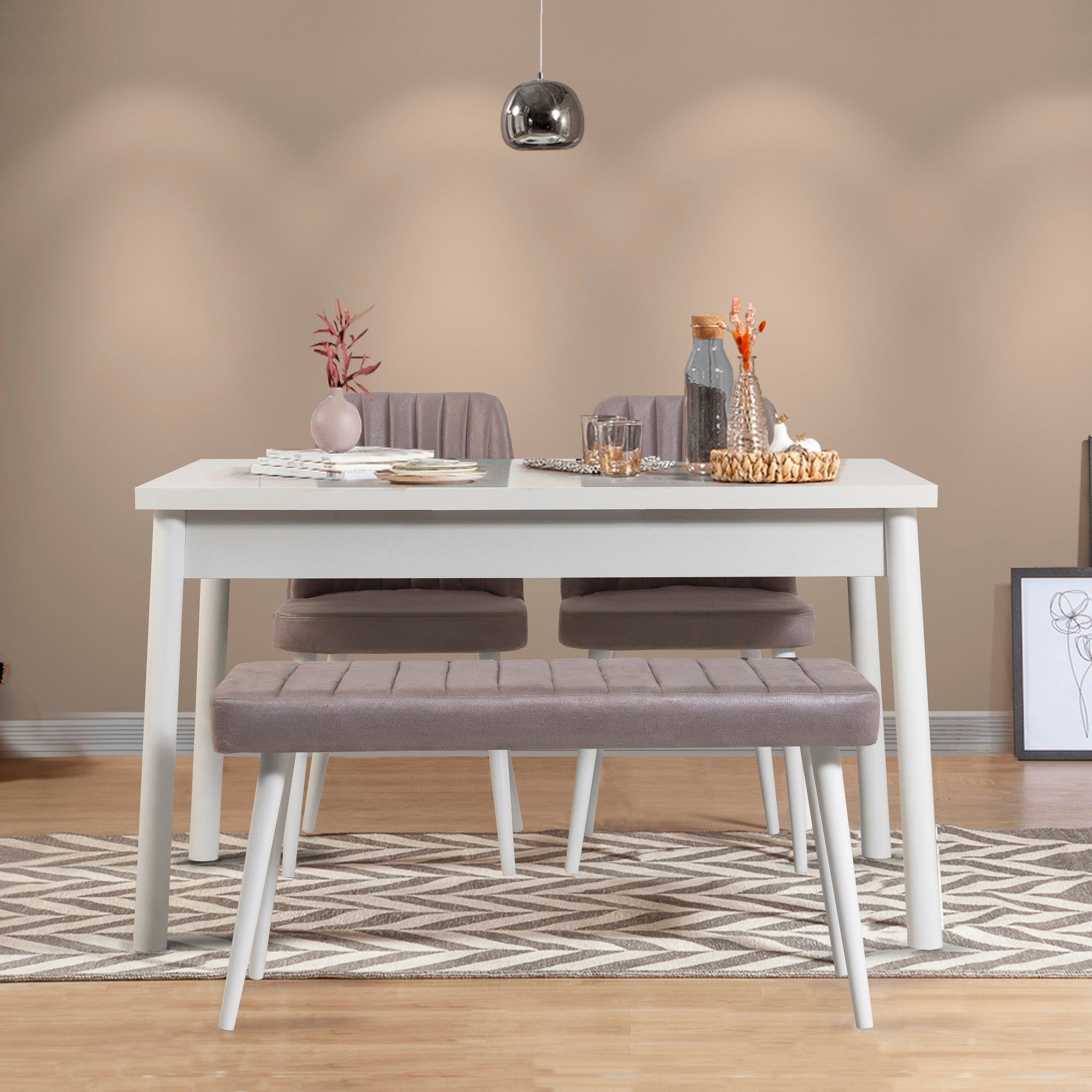 Conjunto de mesa e cadeiras escandinavo (4 peças) - branco e cinza, 100% revestido de melamina, espuma de veludo, estrutura de metal, mesa de jantar 120x75 cm, design elegante.
