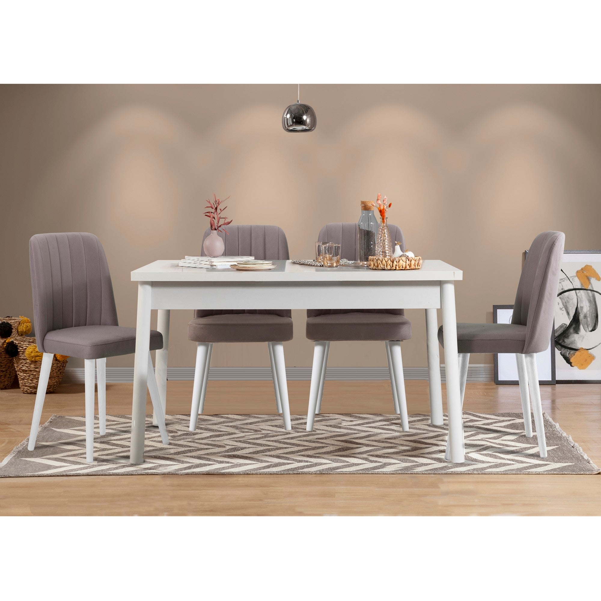 Conjunto de mesa e cadeiras escandinavo (5 peças), branco e cinza, 120 x 75 x 77 cm | Cadeiras de espuma de veludo 100% revestidas em melamina | Design elegante e durável para salas de jantar