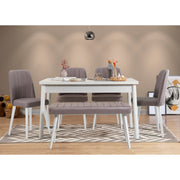 Conjunto de mesa e cadeiras de jantar escandinavo (6 peças) | Revestimento 100% melamina, espuma de veludo, estrutura de metal | Branco e cinza | Design elegante para casas modernas