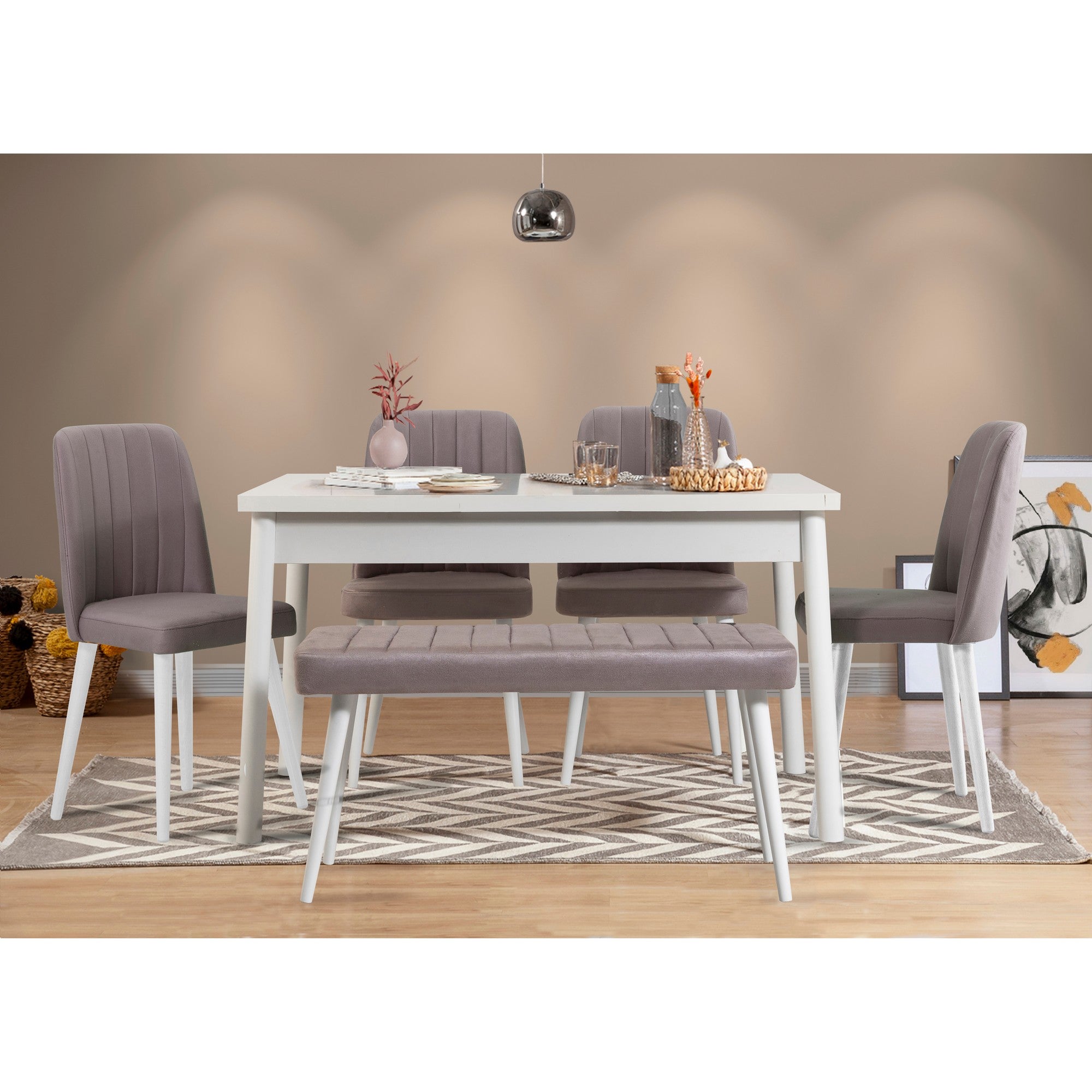 Conjunto de mesa e cadeiras de jantar escandinavo (6 peças) | Revestimento 100% melamina, espuma de veludo, estrutura de metal | Branco e cinza | Design elegante para casas modernas