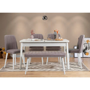 Conjunto de mesa de jantar extensível e cadeiras escandinavas (6 peças) | Revestimento 100% melamina, espuma de veludo, estrutura de metal | Branco e cinza | Perfeito para salas de jantar modernas