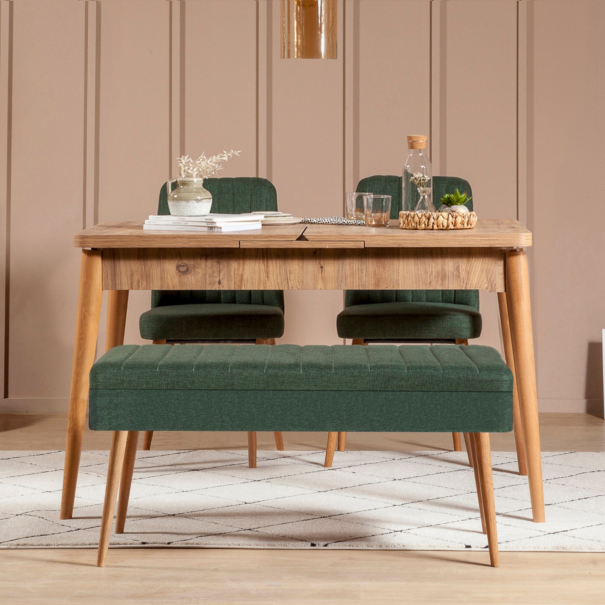Conjunto de mesa de jantar extensível e cadeiras (4 peças), pinho atlântico e verde, 129-163 x 80 x 75 cm | Tecido de linho 100% revestido de melamina | Elegante e funcional para refeições modernas