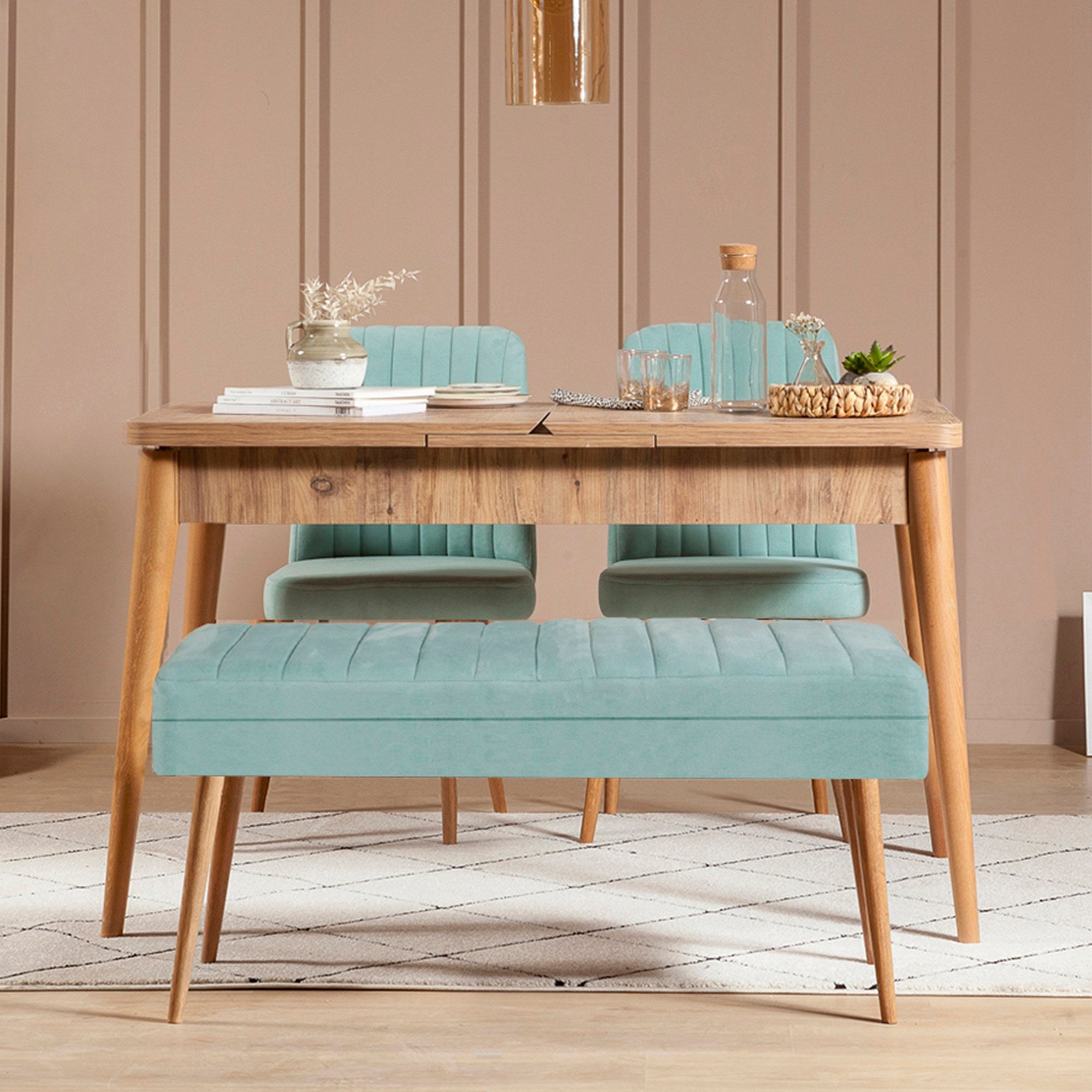 Conjunto de mesa de jantar extensível e cadeiras (4 peças), pinho atlântico e verde pistache, 129-163 cm | Cadeiras de veludo 100% revestidas em melamina | Elegante e funcional para refeições modernas