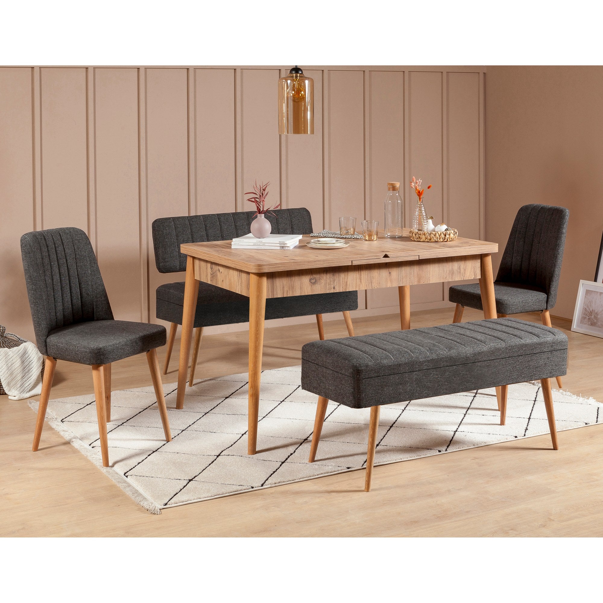 Conjunto de mesa de jantar extensível e cadeiras (5 peças), pinho atlântico e antracite, 129-163 cm | 100% revestido em melamina | Elegante e funcional para espaços de jantar modernos