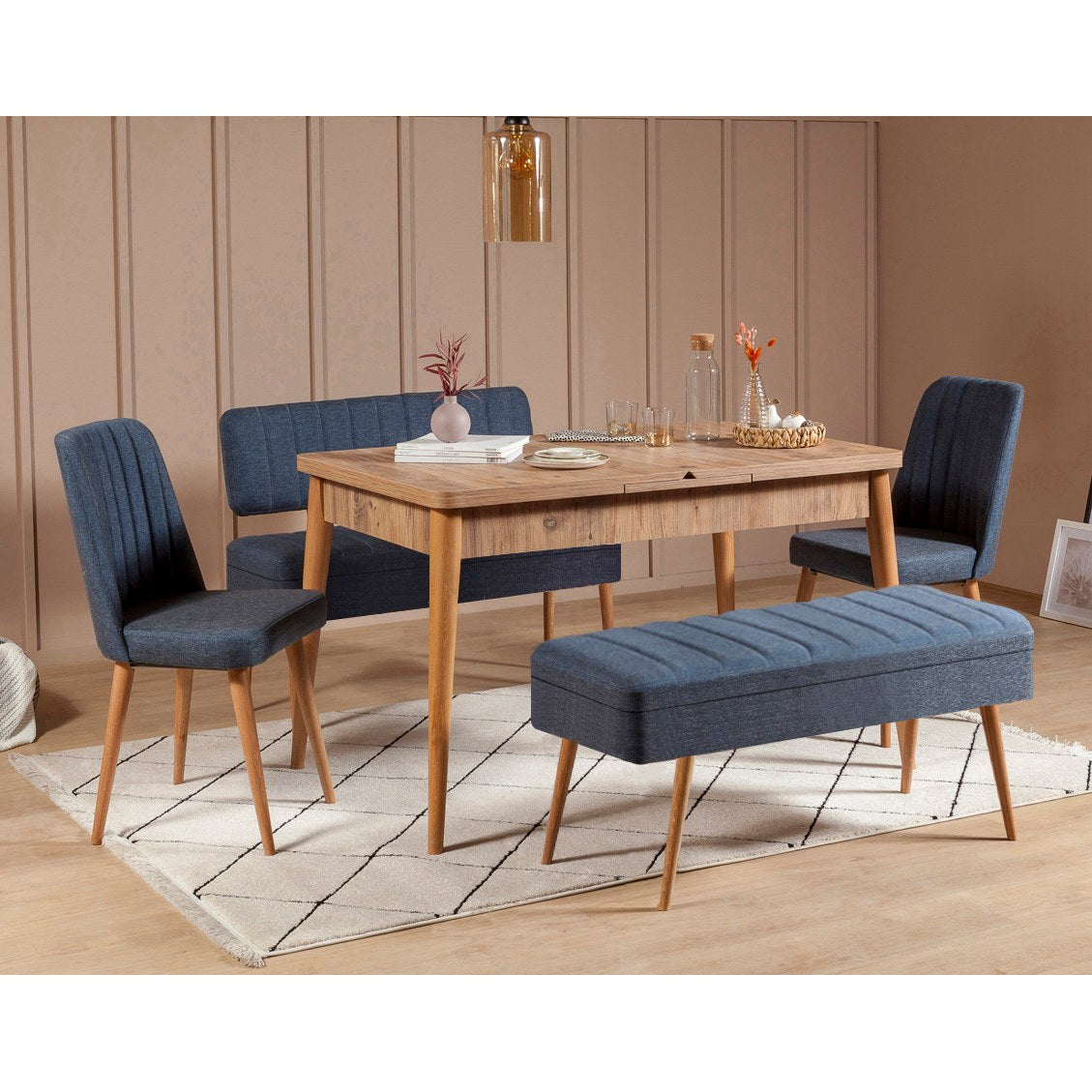 Conjunto de mesa de jantar extensível e cadeiras (5 peças), pinho atlântico e azul-escuro, 129-163 cm | 100% revestido em melamina | Elegante e funcional para espaços de jantar modernos