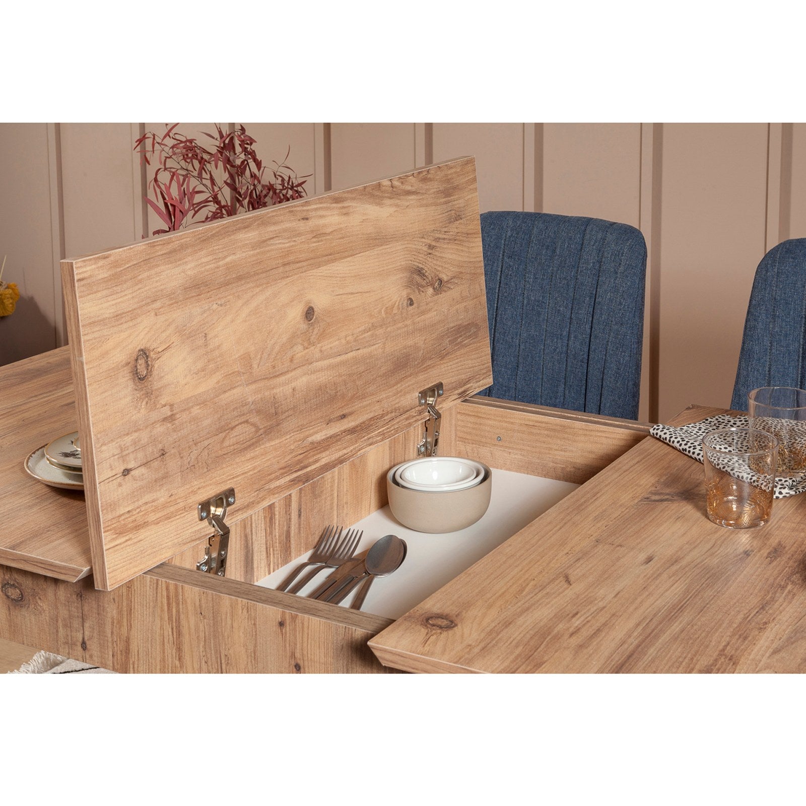 Conjunto de mesa de jantar extensível e cadeiras (5 peças), pinho atlântico e azul-escuro, 129-163 cm | 100% revestido em melamina | Elegante e funcional para espaços de jantar modernos
