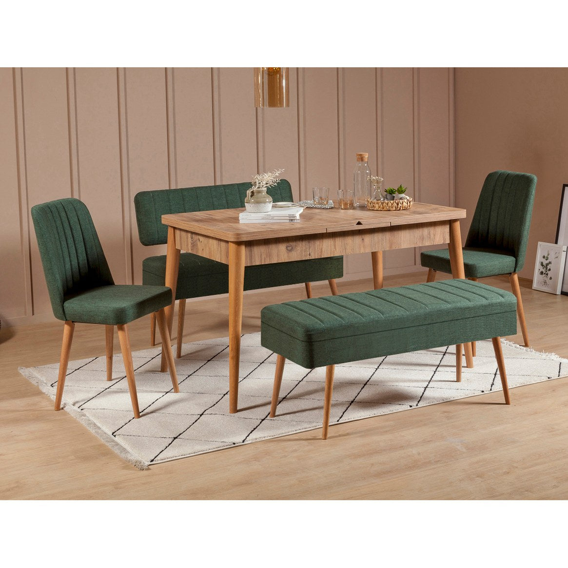 Conjunto de mesa de jantar extensível e cadeiras (5 peças), pinho atlântico e verde, 129-163 x 80 x 75 cm | 100% revestido em melamina | Elegante e funcional para refeições modernas