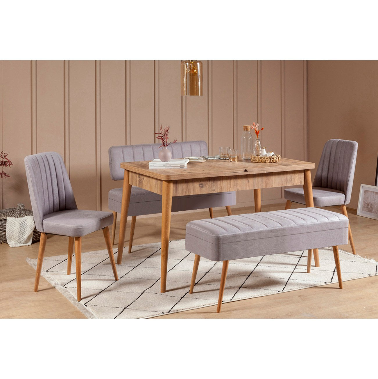 Conjunto de mesa de jantar extensível e cadeiras (5 peças), pinho atlântico e cinza, 129-163 x 80 x 75 cm | Cadeiras de veludo 100% revestidas em melamina | Elegante e funcional para refeições modernas