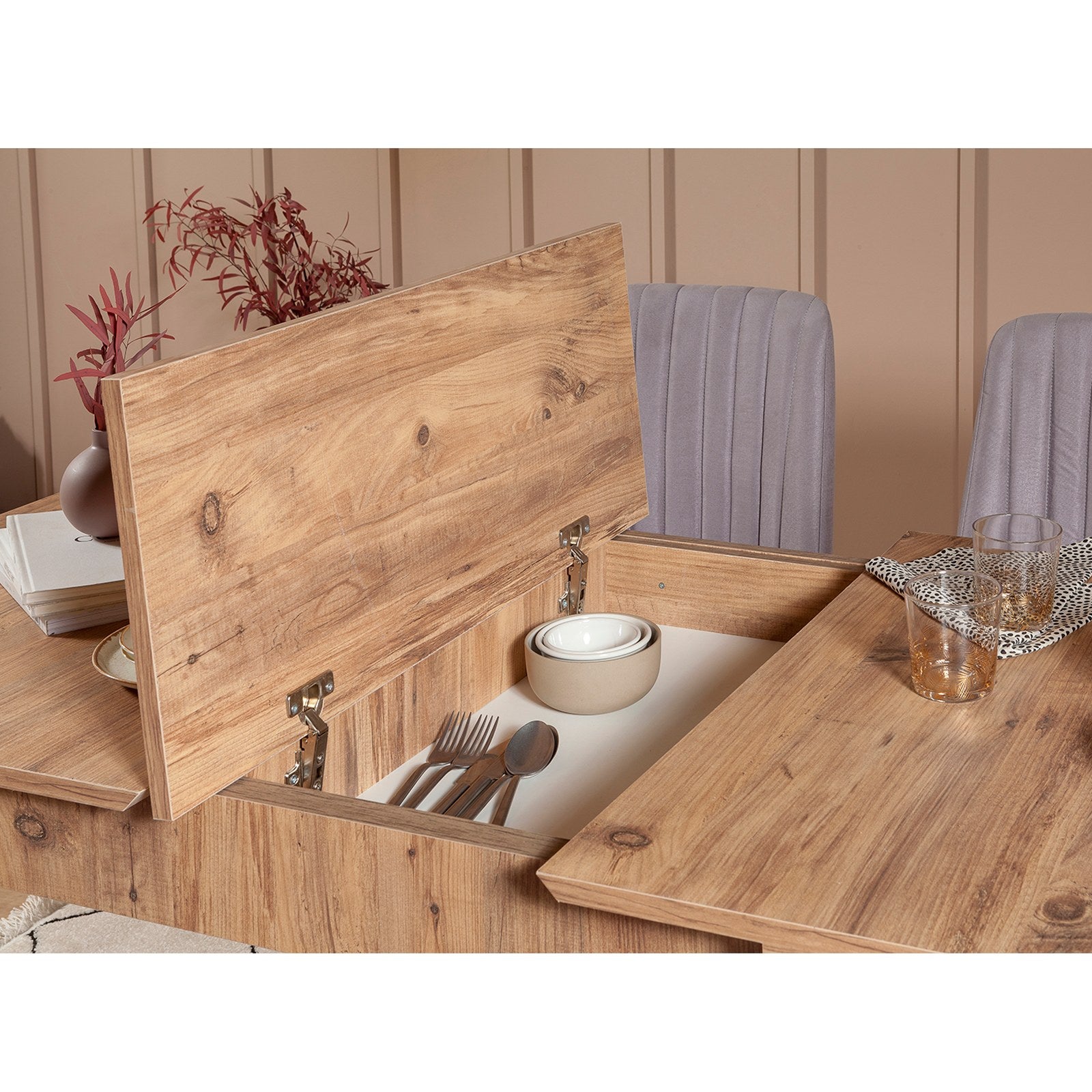Conjunto de mesa de jantar extensível e cadeiras (5 peças), pinho atlântico e cinza, 129-163 x 80 x 75 cm | Cadeiras de veludo 100% revestidas em melamina | Elegante e funcional para refeições modernas