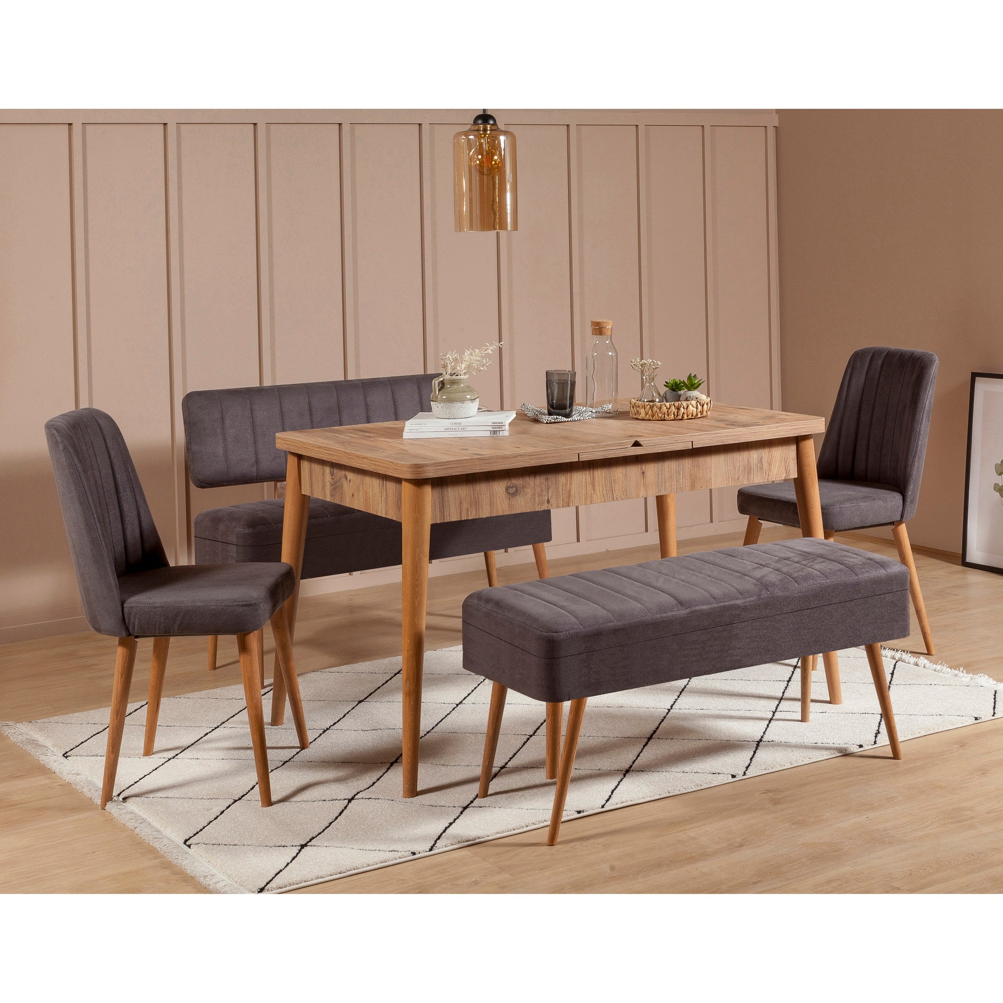 Conjunto de mesa de jantar extensível e cadeiras (5 peças), pinho atlântico e antracite, 129-163 cm | 100% revestido em melamina | Cadeiras e banco elegantes em veludo, perfeitos para salas de jantar modernas