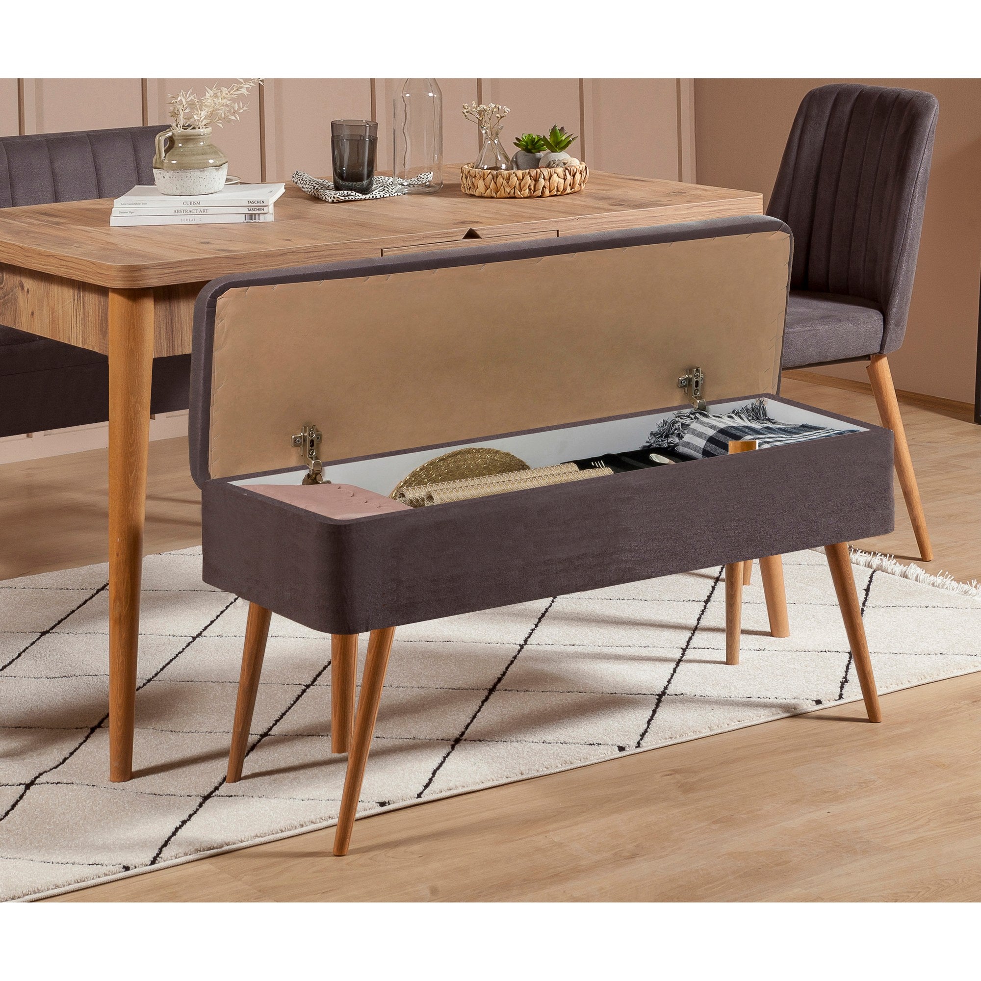 Conjunto de mesa de jantar extensível e cadeiras (5 peças), pinho atlântico e antracite, 129-163 cm | 100% revestido em melamina | Cadeiras e banco elegantes em veludo, perfeitos para salas de jantar modernas