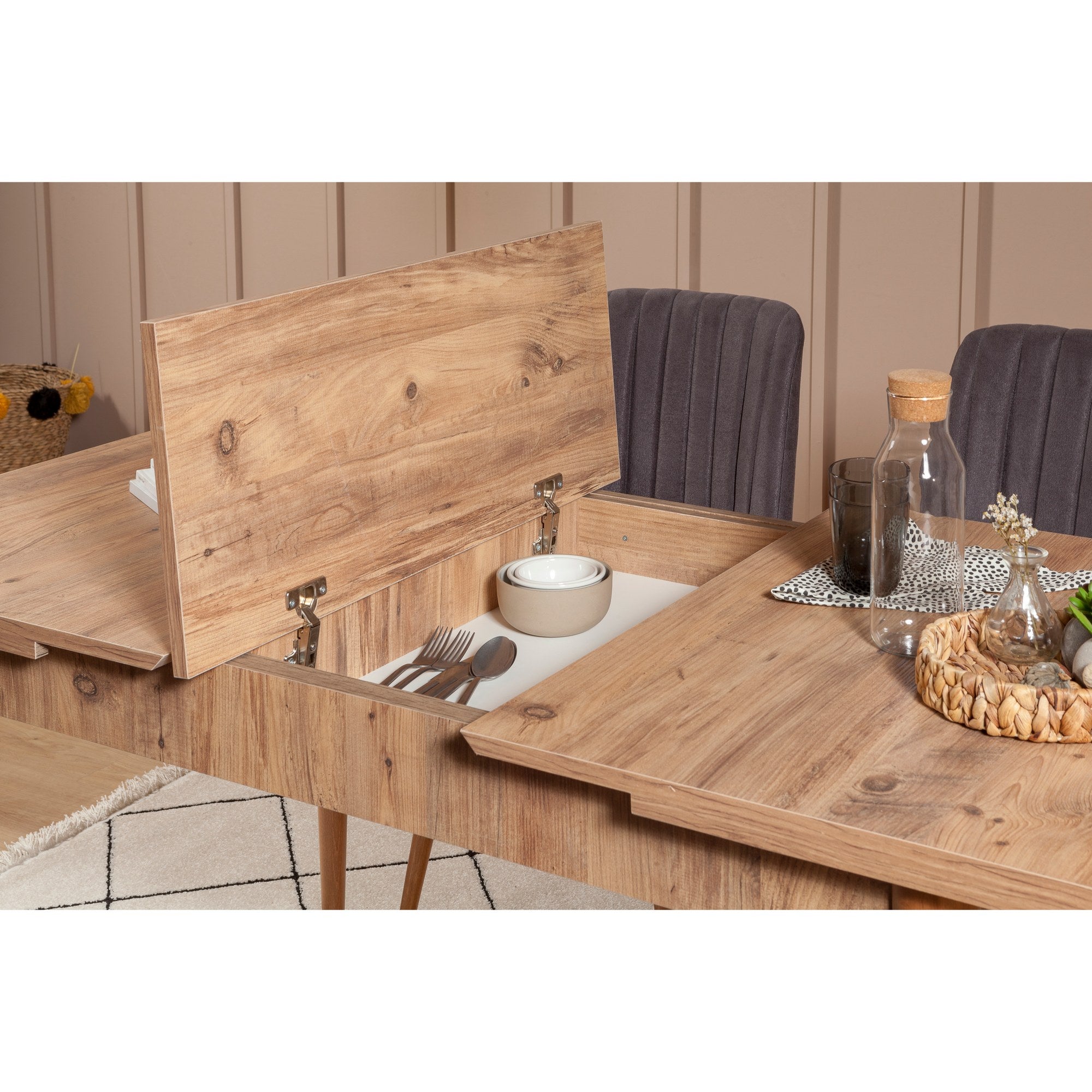 Conjunto de mesa de jantar extensível e cadeiras (5 peças), pinho atlântico e antracite, 129-163 cm | 100% revestido em melamina | Cadeiras e banco elegantes em veludo, perfeitos para salas de jantar modernas