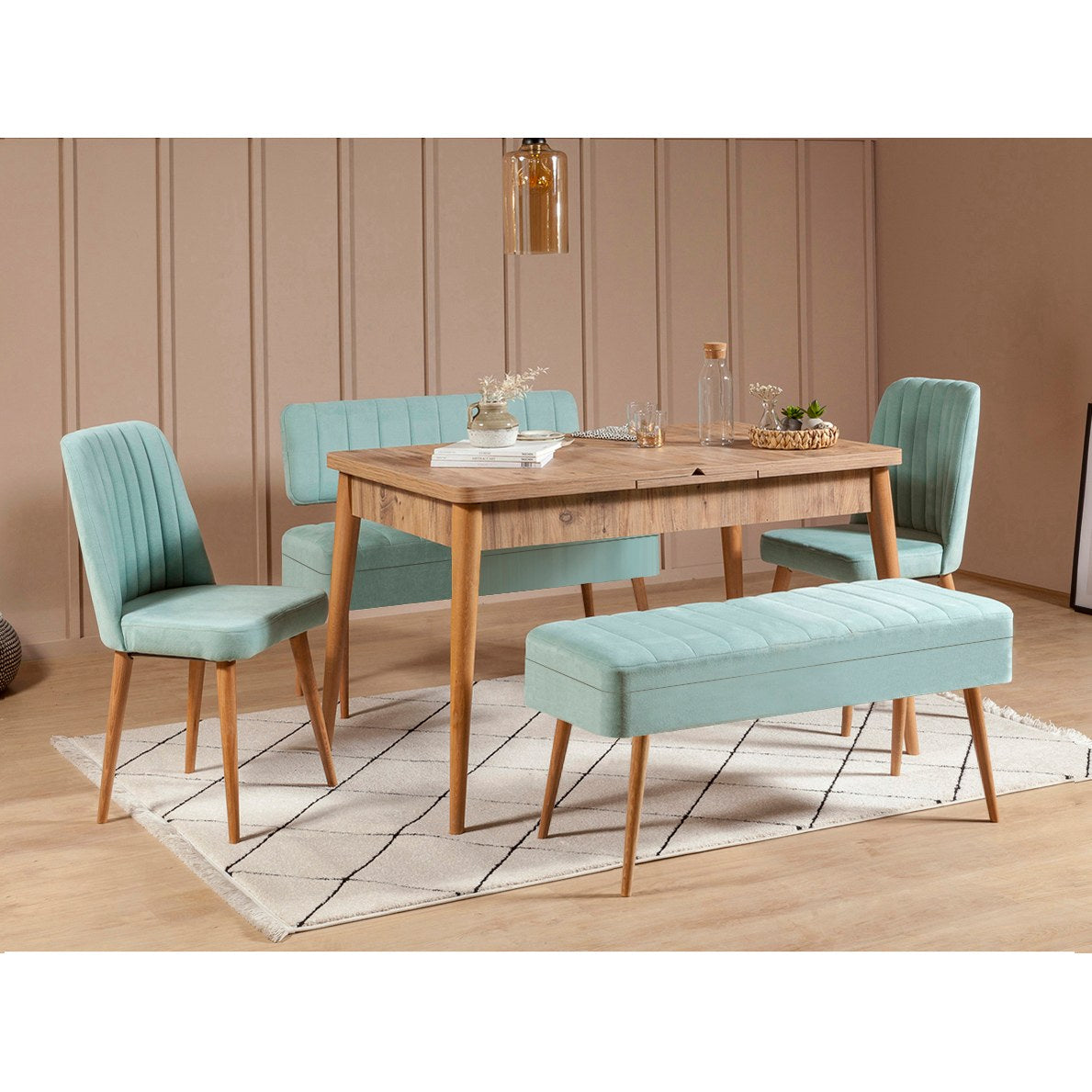 Conjunto de mesa de jantar extensível e cadeiras (5 peças), pinho atlântico e verde pistache, 129-163 cm | 100% revestido em melamina | Cadeiras e banco elegantes em veludo