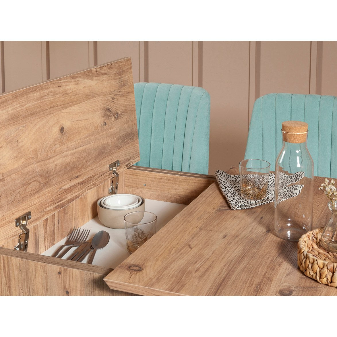Conjunto de mesa de jantar extensível e cadeiras (5 peças), pinho atlântico e verde pistache, 129-163 cm | 100% revestido em melamina | Cadeiras e banco elegantes em veludo