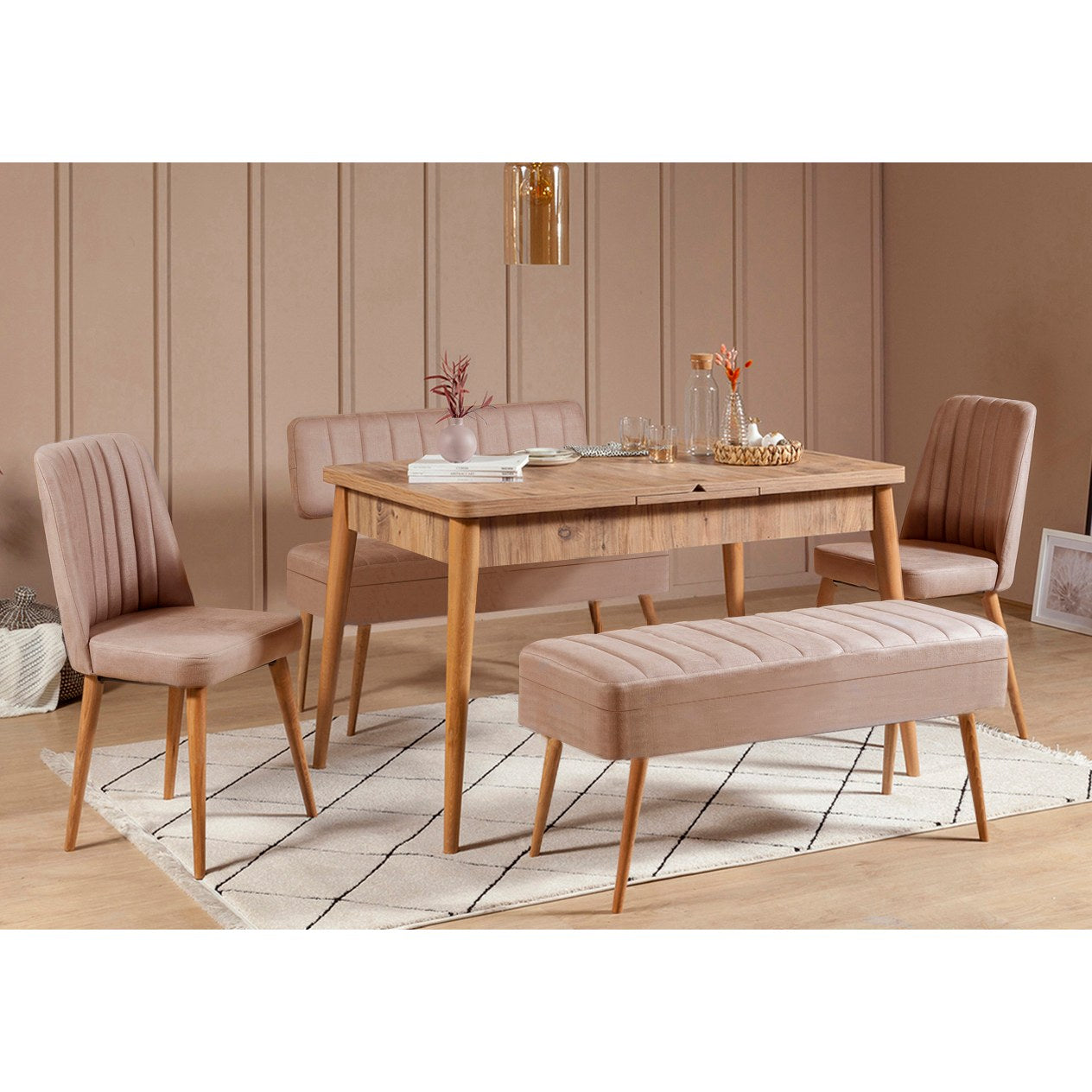 Conjunto de mesa de jantar extensível e cadeiras (5 peças), pinho atlântico e pedra, 129-163 x 80 x 75 cm | Cadeiras e banco de veludo 100% revestidos em melamina | Elegante e funcional para refeições modernas