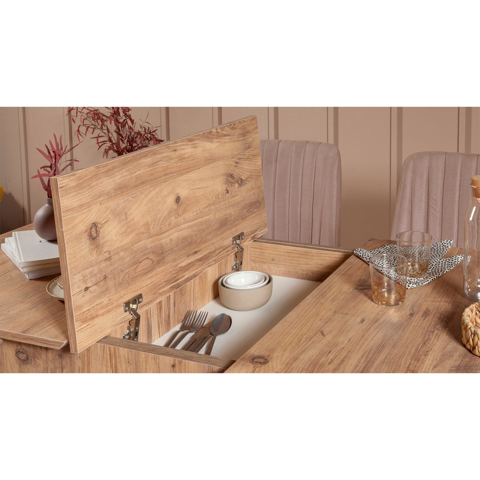 Conjunto de mesa de jantar extensível e cadeiras (5 peças), pinho atlântico e pedra, 129-163 x 80 x 75 cm | Cadeiras e banco de veludo 100% revestidos em melamina | Elegante e funcional para refeições modernas
