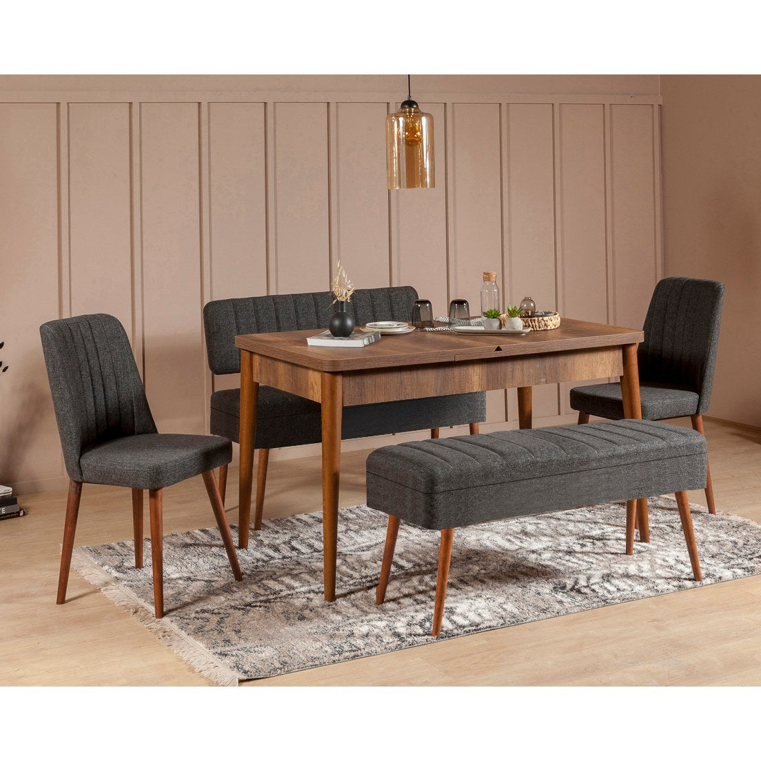 Conjunto de mesa de jantar extensível e cadeiras (5 peças), nogueira e antracite, 129-163 x 80 x 75 cm | Tecido de linho elegante 100% revestido de melamina | Perfeito para salas de jantar modernas