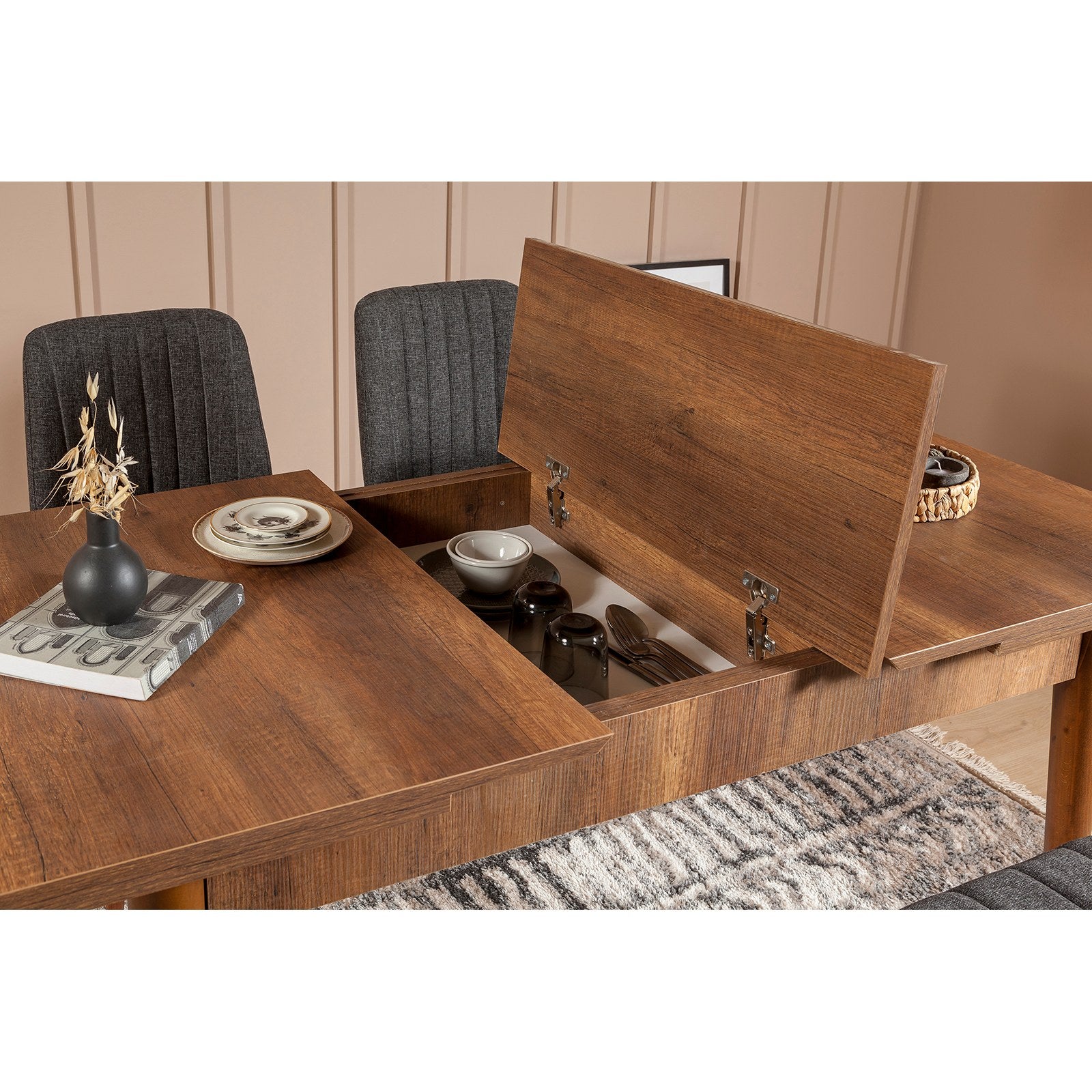 Conjunto de mesa de jantar extensível e cadeiras (5 peças), nogueira e antracite, 129-163 x 80 x 75 cm | Tecido de linho elegante 100% revestido de melamina | Perfeito para salas de jantar modernas