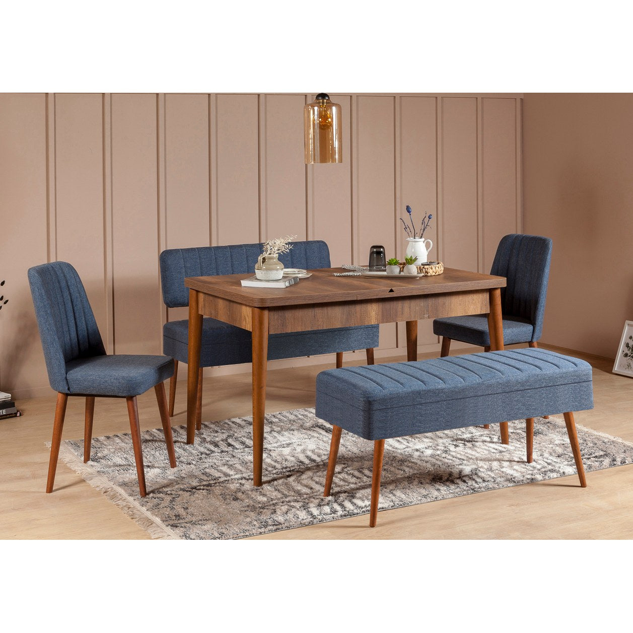 Conjunto de mesa de jantar extensível e cadeiras (5 peças), nogueira e azul-escuro, 129-163 x 80 x 75 cm | 100% revestido em melamina | Elegante e funcional para refeições modernas