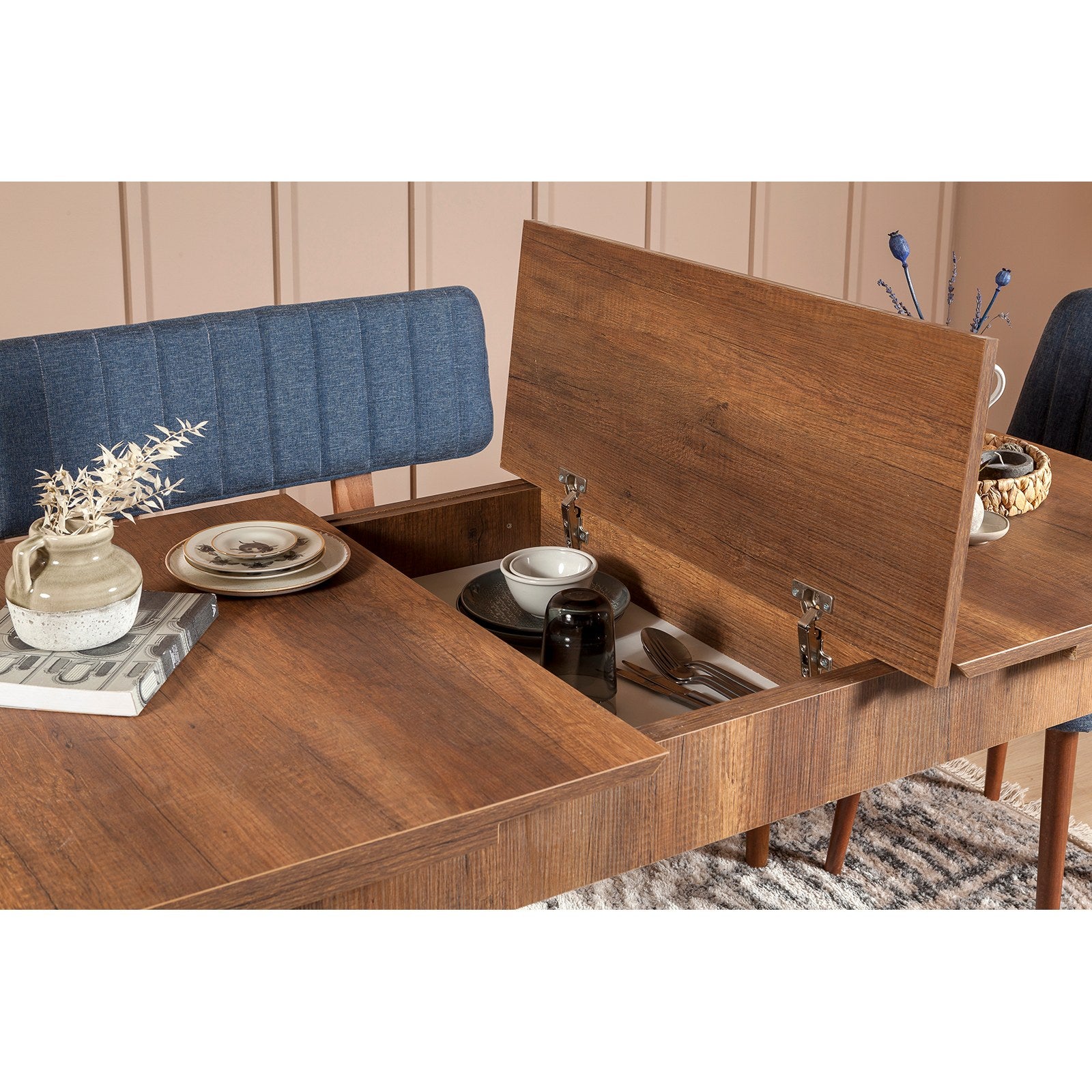 Conjunto de mesa de jantar extensível e cadeiras (5 peças), nogueira e azul-escuro, 129-163 x 80 x 75 cm | 100% revestido em melamina | Elegante e funcional para refeições modernas