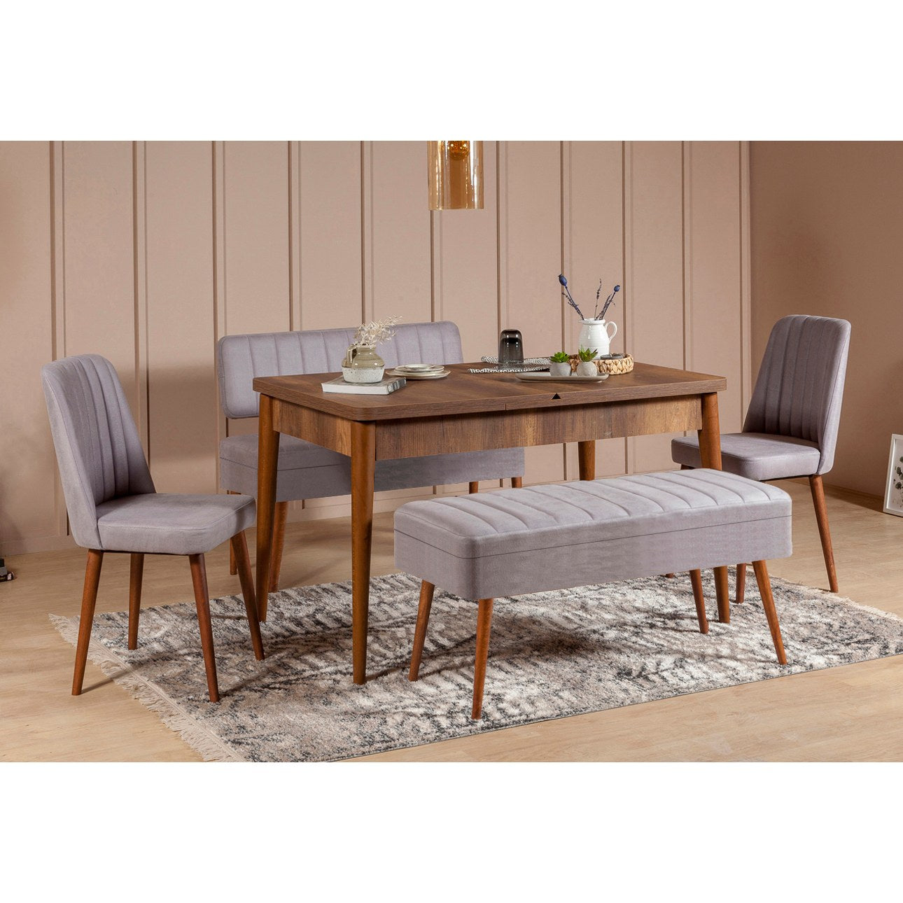 Conjunto de mesa de jantar extensível e cadeiras (5 peças), nogueira e cinza, 129-163 x 80 x 75 cm | Painel de partículas 100% revestido de melamina | Assentos elegantes de veludo para refeições modernas
