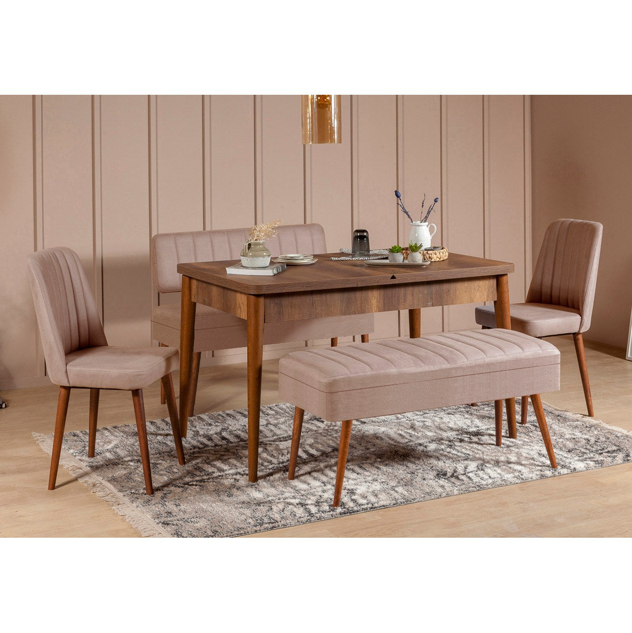 Conjunto de mesa de jantar extensível e cadeiras (5 peças), nogueira e pedra, 129-163 x 80 x 75 cm | 100% revestido em melamina | Cadeiras e banco elegantes de veludo, perfeitos para salas de jantar modernas