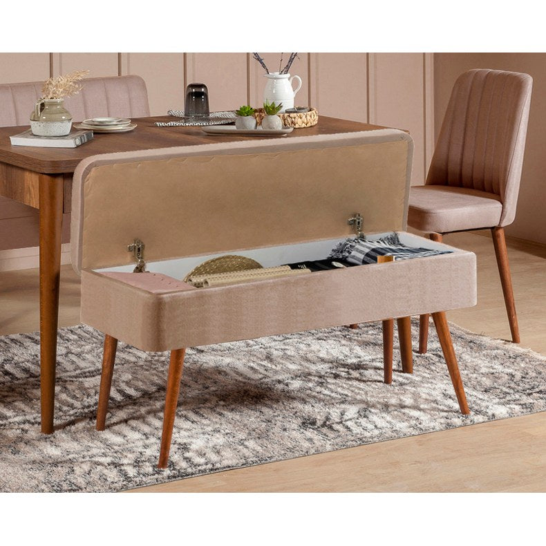 Conjunto de mesa de jantar extensível e cadeiras (5 peças), nogueira e pedra, 129-163 x 80 x 75 cm | 100% revestido em melamina | Cadeiras e banco elegantes de veludo, perfeitos para salas de jantar modernas