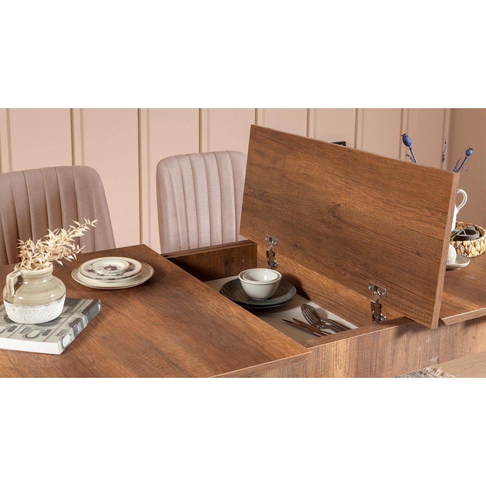 Conjunto de mesa de jantar extensível e cadeiras (5 peças), nogueira e pedra, 129-163 x 80 x 75 cm | 100% revestido em melamina | Cadeiras e banco elegantes de veludo, perfeitos para salas de jantar modernas