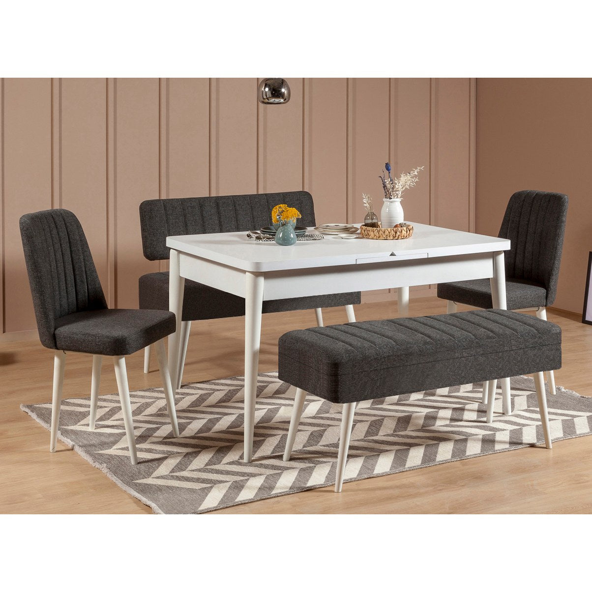 Conjunto de mesa de jantar extensível e cadeiras (5 peças), branco e antracite, 129-163 cm | 100% revestido em melamina | Elegante e funcional para espaços de jantar modernos