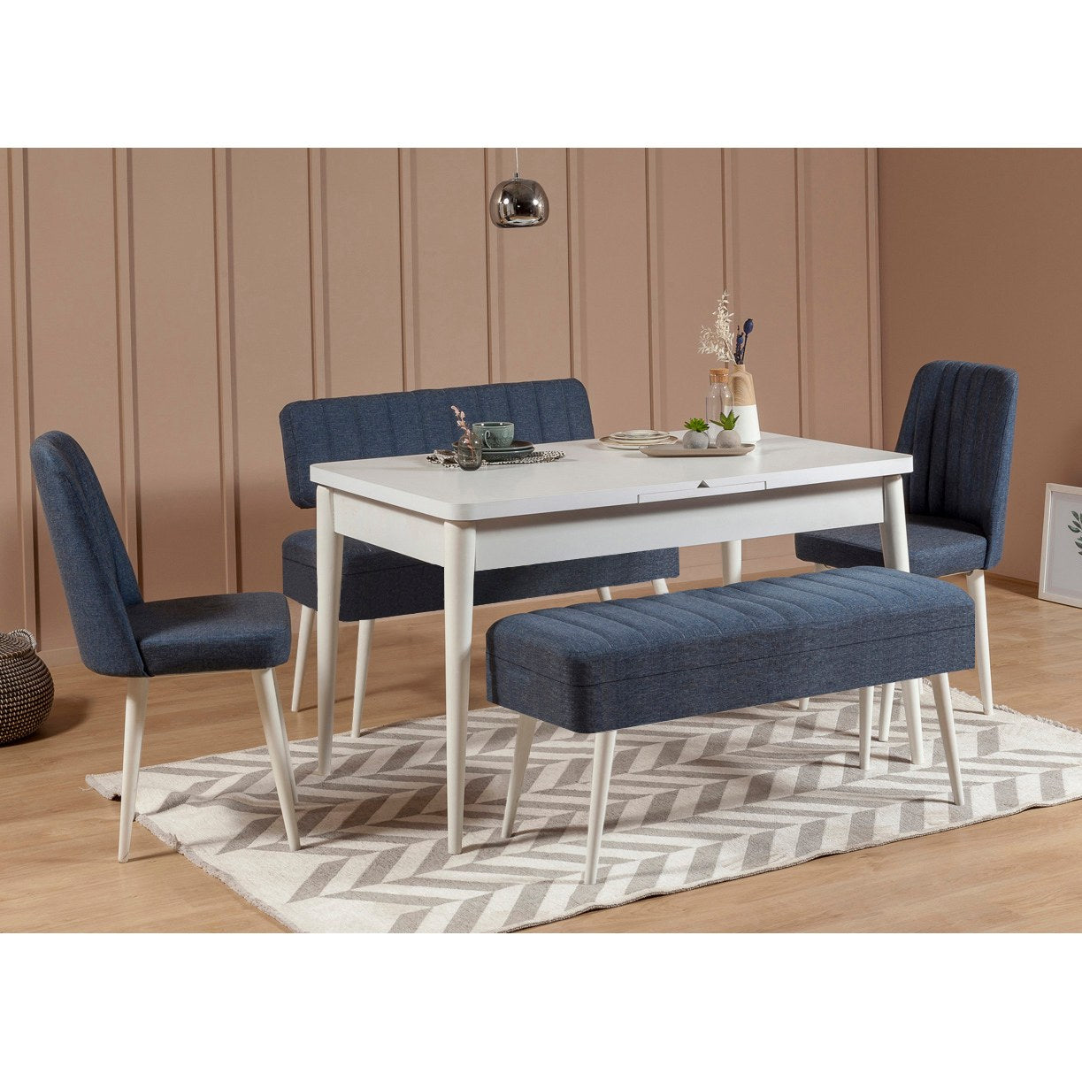 Conjunto de mesa de jantar extensível e cadeiras (5 peças), branco e azul-escuro, 129-163 cm | Painel de partículas 100% revestido de melamina, tecido de linho elegante | Perfeito para salas de jantar modernas